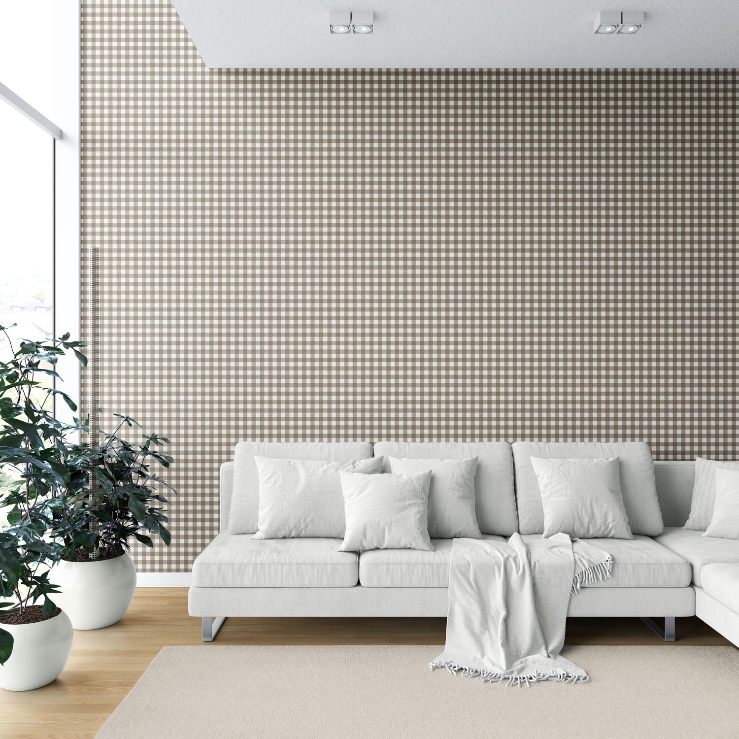 Neutral Geometric Gingham Checkered Shower Toilet Wallpaper Sample (Brown/ Taupe)