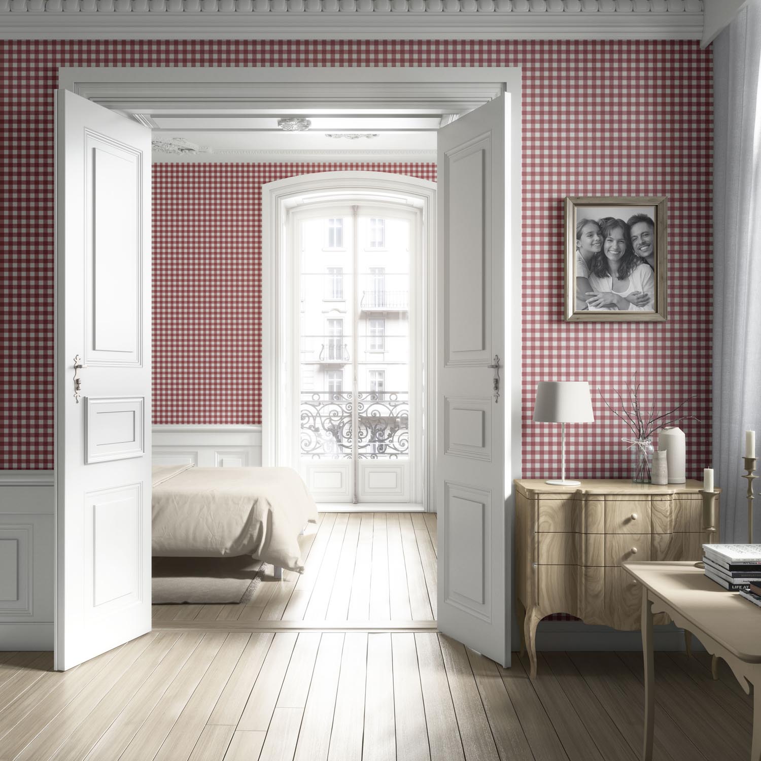 Geometric Gingham Checkered Kitchen Wallpaper Sample (Cranberry Red)