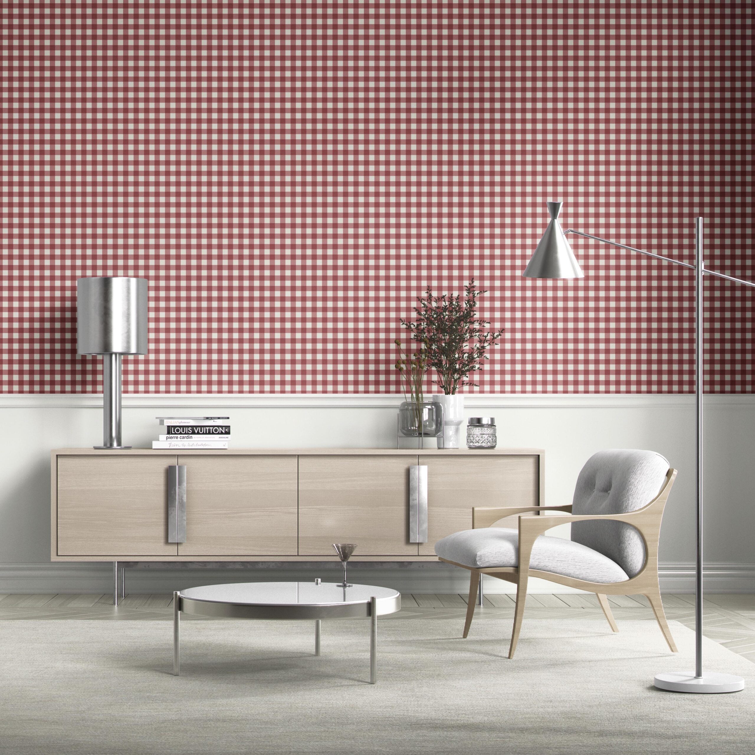 Geometric Gingham Checkered Bathroom Wallpaper Sample (Cranberry Red)