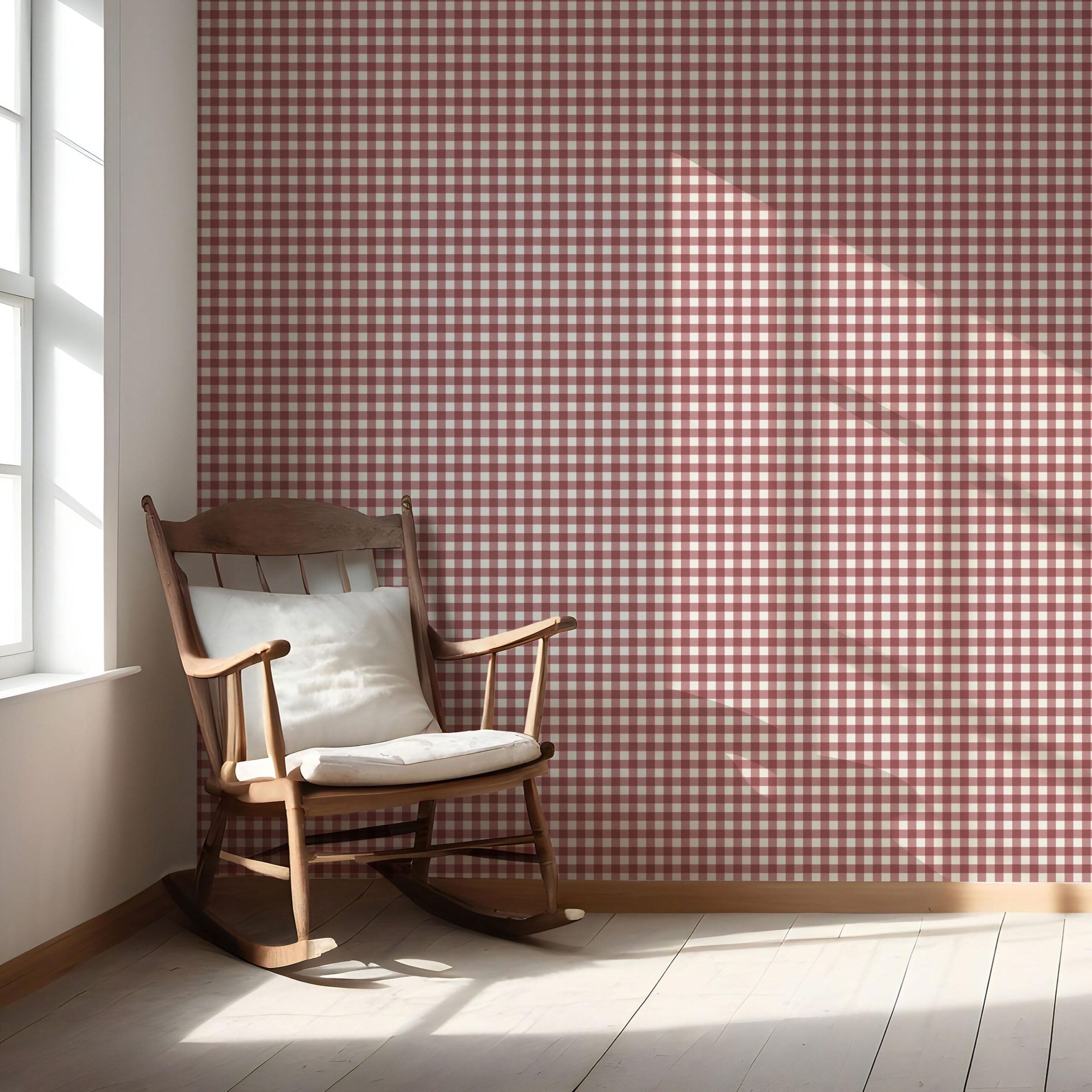 Geometric Gingham Checkered Nursery Wallpaper Sample (Cranberry Red)
