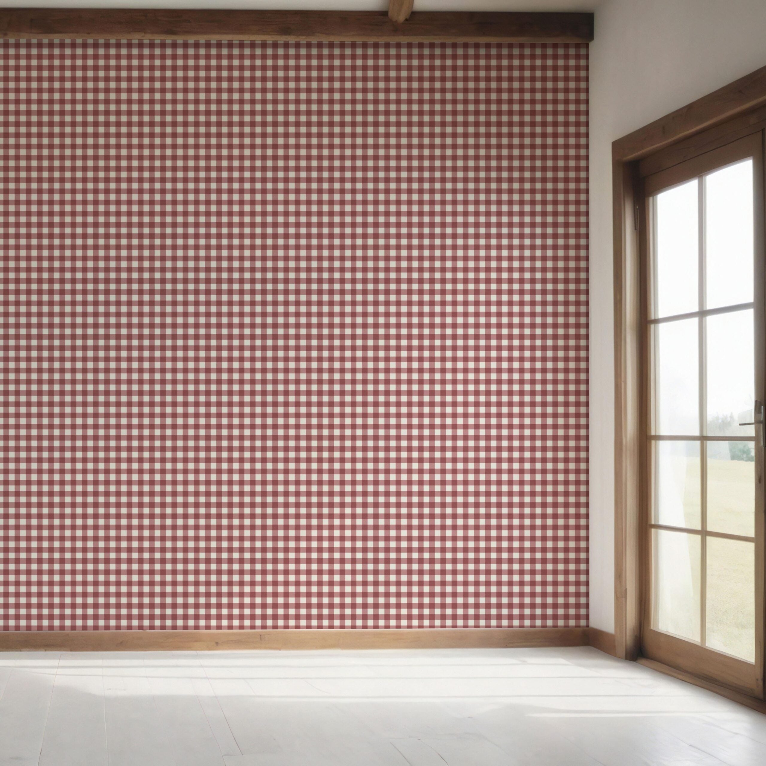 Geometric Gingham Checkered Bedroom Wallpaper Sample (Cranberry Red)