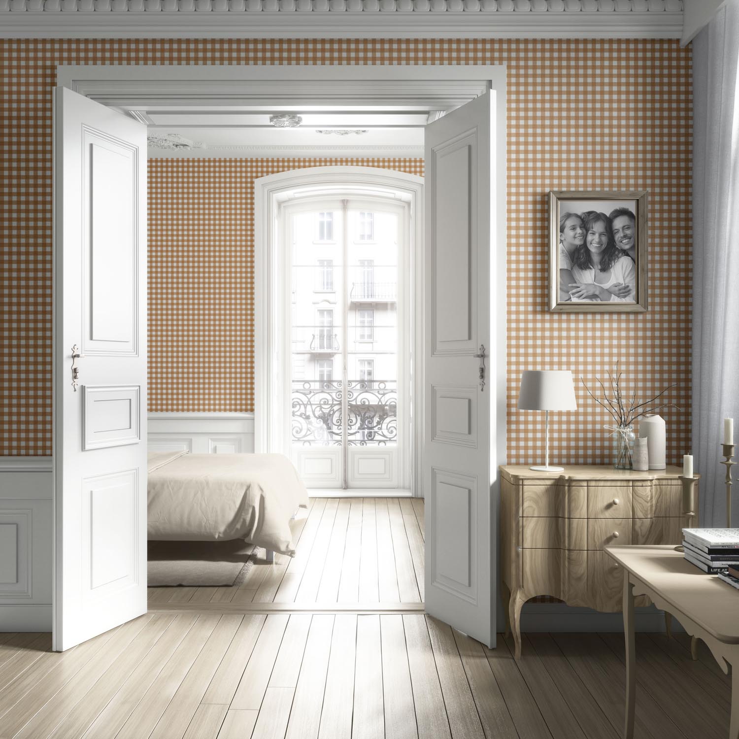 Geometric Gingham Checkered Kitchen Wallpaper Sample (Bronze Orange)