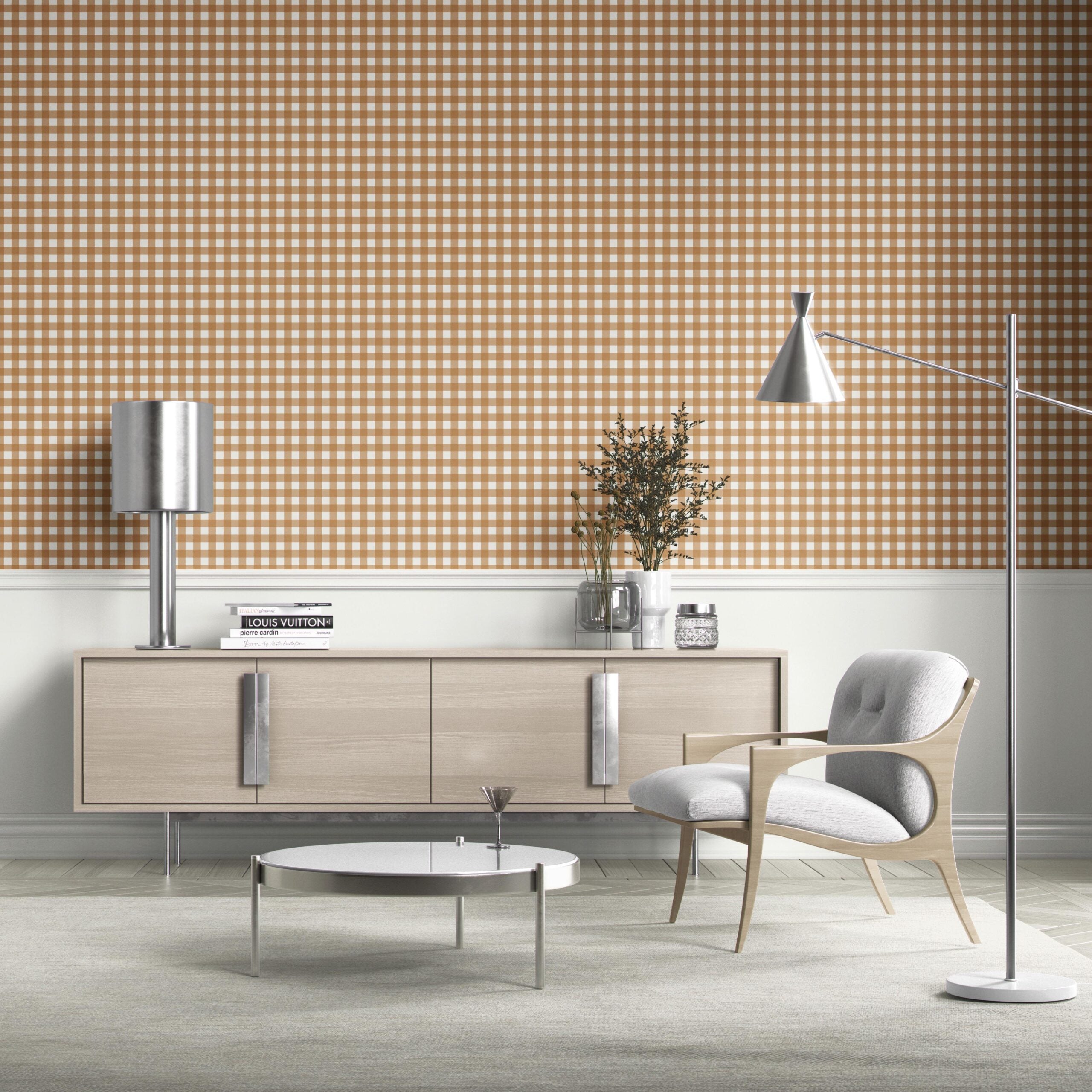 Geometric Gingham Checkered Bathroom Wallpaper (Bronze Orange)