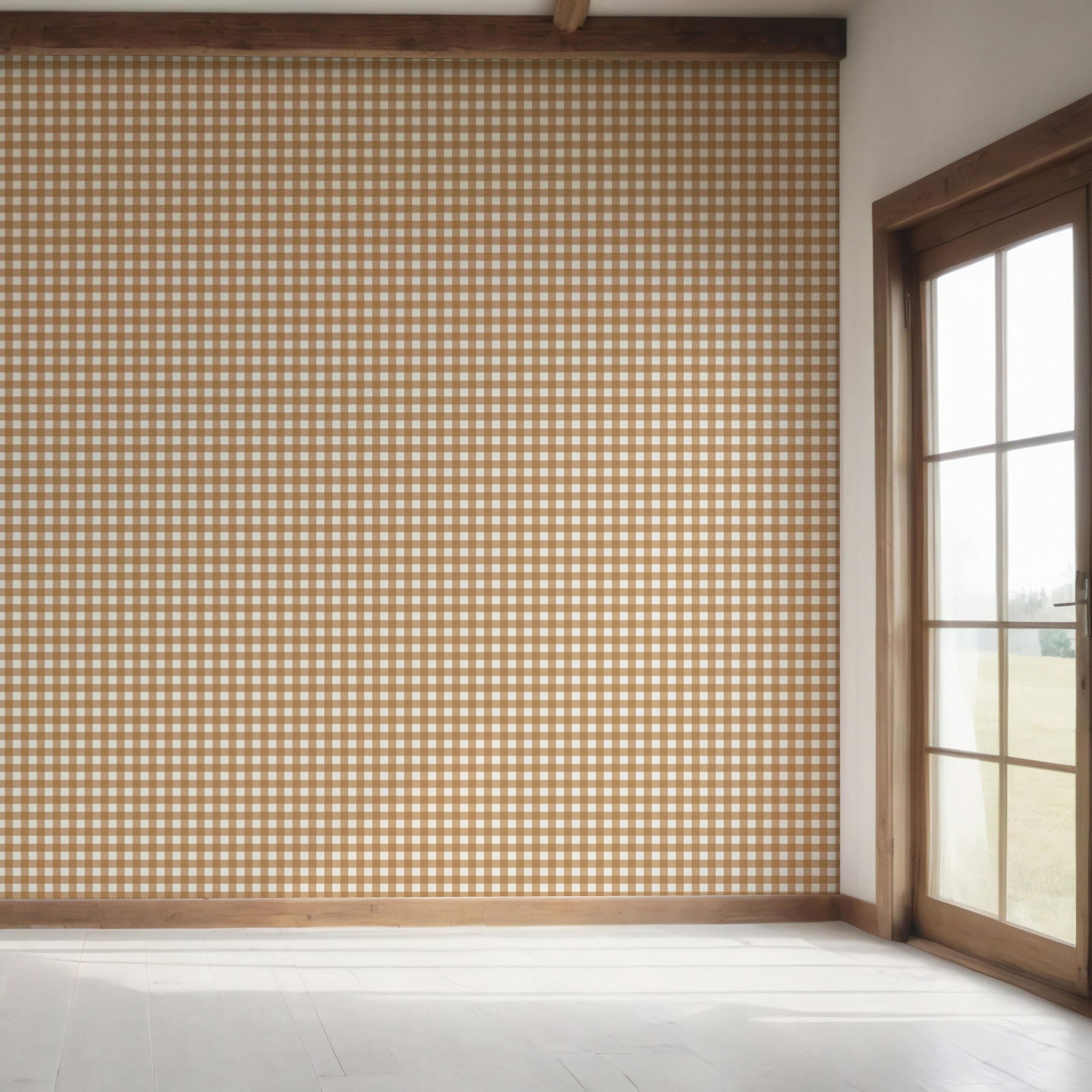 Geometric Gingham Checkered Bedroom Wallpaper Sample (Bronze Orange)