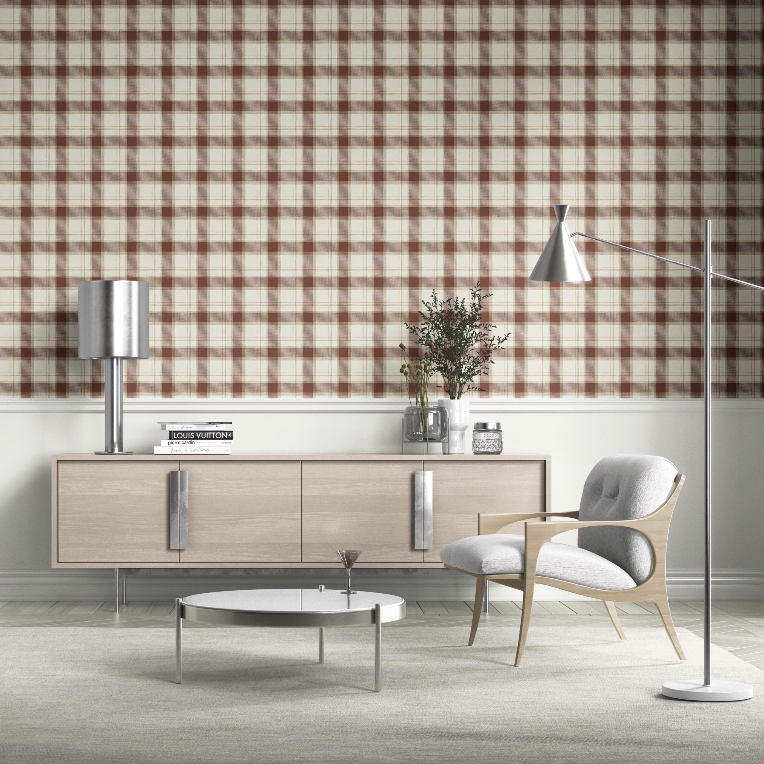 Neutral Geometric Plaid Checkered Kitchen Wallpaper (Brown/ Off-White)
