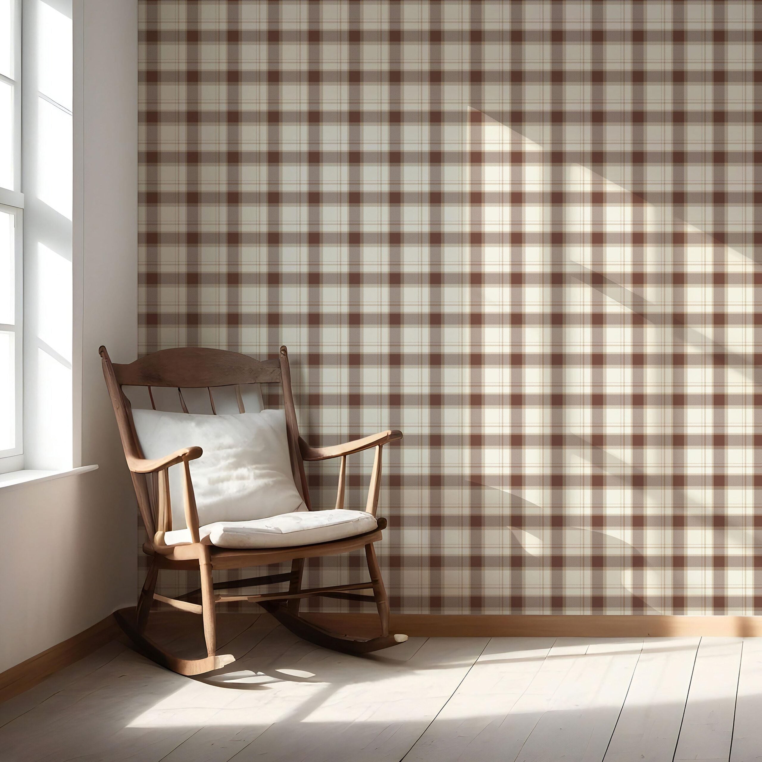 Neutral Geometric Plaid Checkered Nursery Wallpaper Sample (Brown/ Off-White)