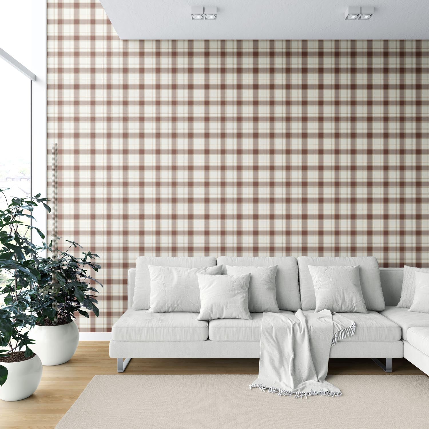 Neutral Geometric Plaid Checkered Shower Toilet Wallpaper (Brown/ Off-White)