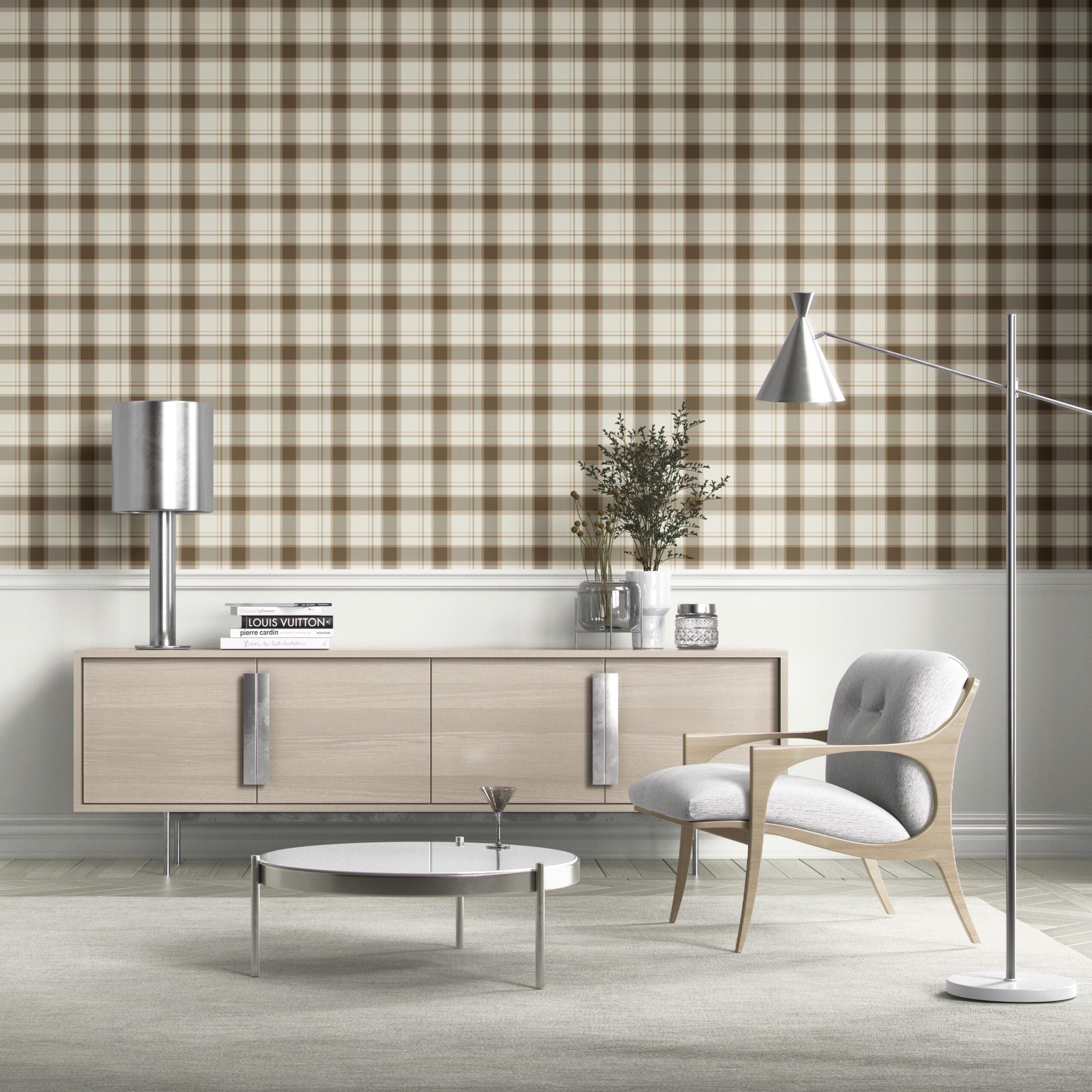 Neutral Geometric Plaid Checkered Kitchen Wallpaper Sample (Mocha Brown/ Beige/ Off-White)