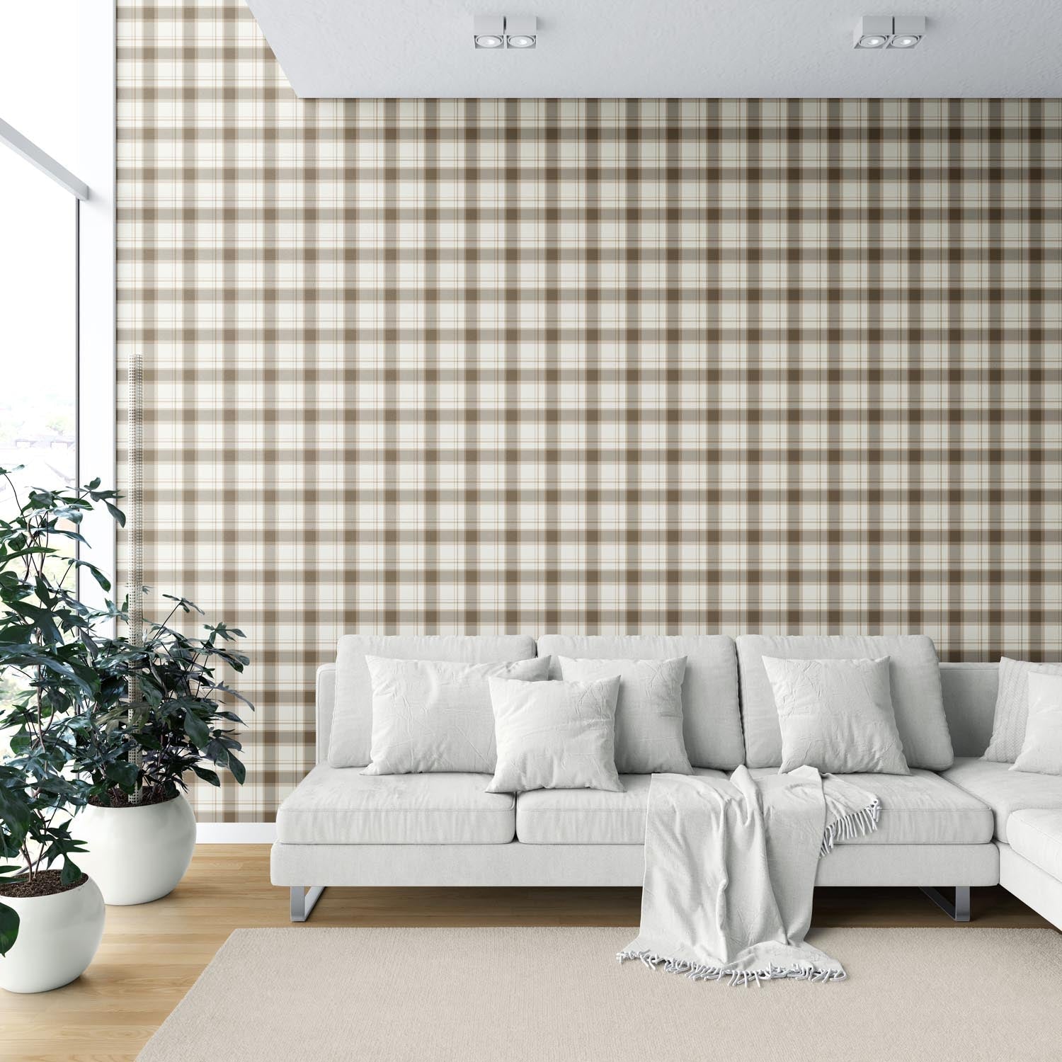 Neutral Geometric Plaid Checkered Shower Toilet Wallpaper Sample (Mocha Brown/ Beige/ Off-White)
