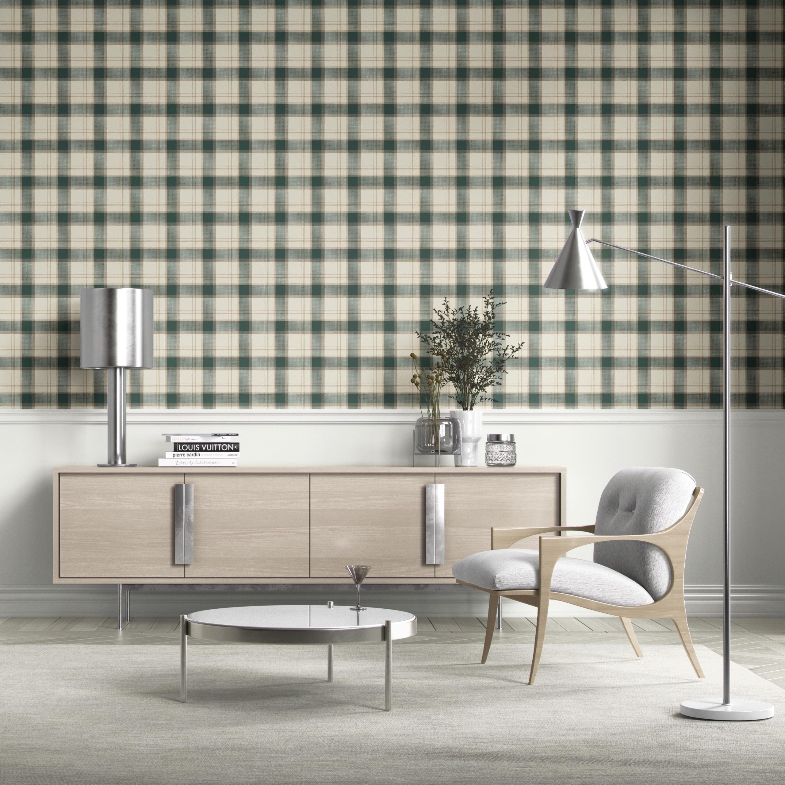 Geometric Plaid Checkered Kitchen Wallpaper Sample (Teal Green/ Beige/ Off-White)