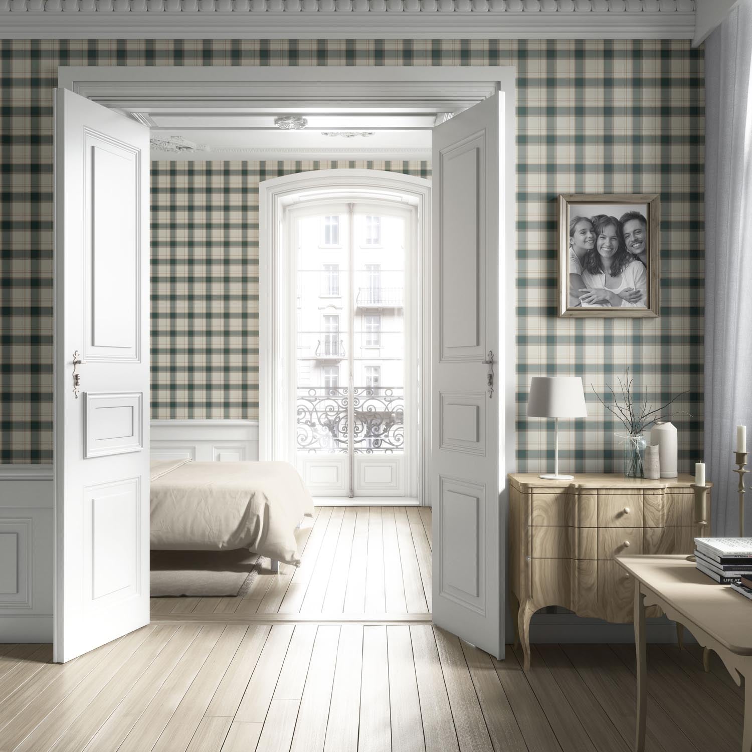 Geometric Plaid Checkered Living Room Wallpaper Sample (Teal Green/ Beige/ Off-White)
