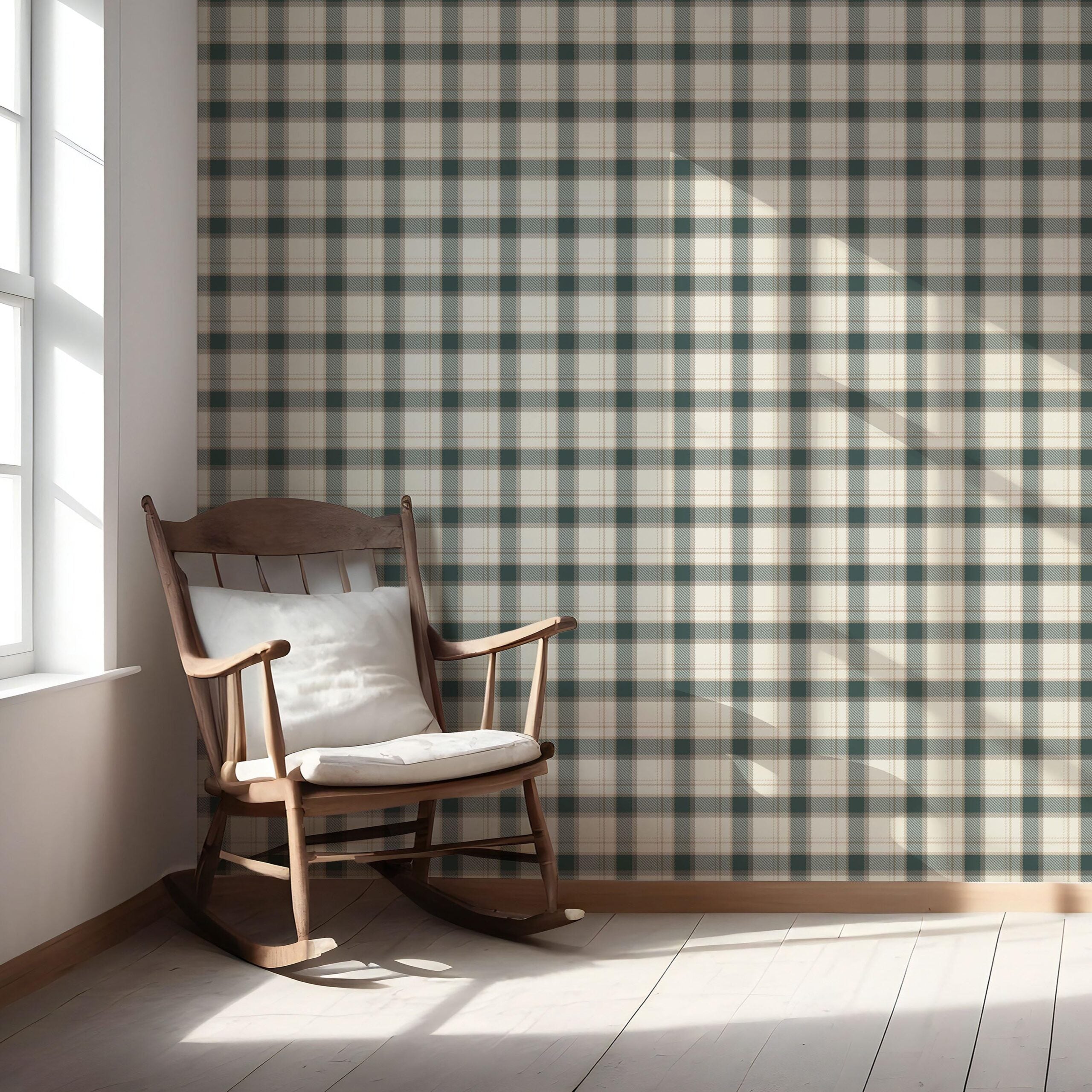 Geometric Plaid Checkered Nursery Wallpaper Sample (Teal Green/ Beige/ Off-White)