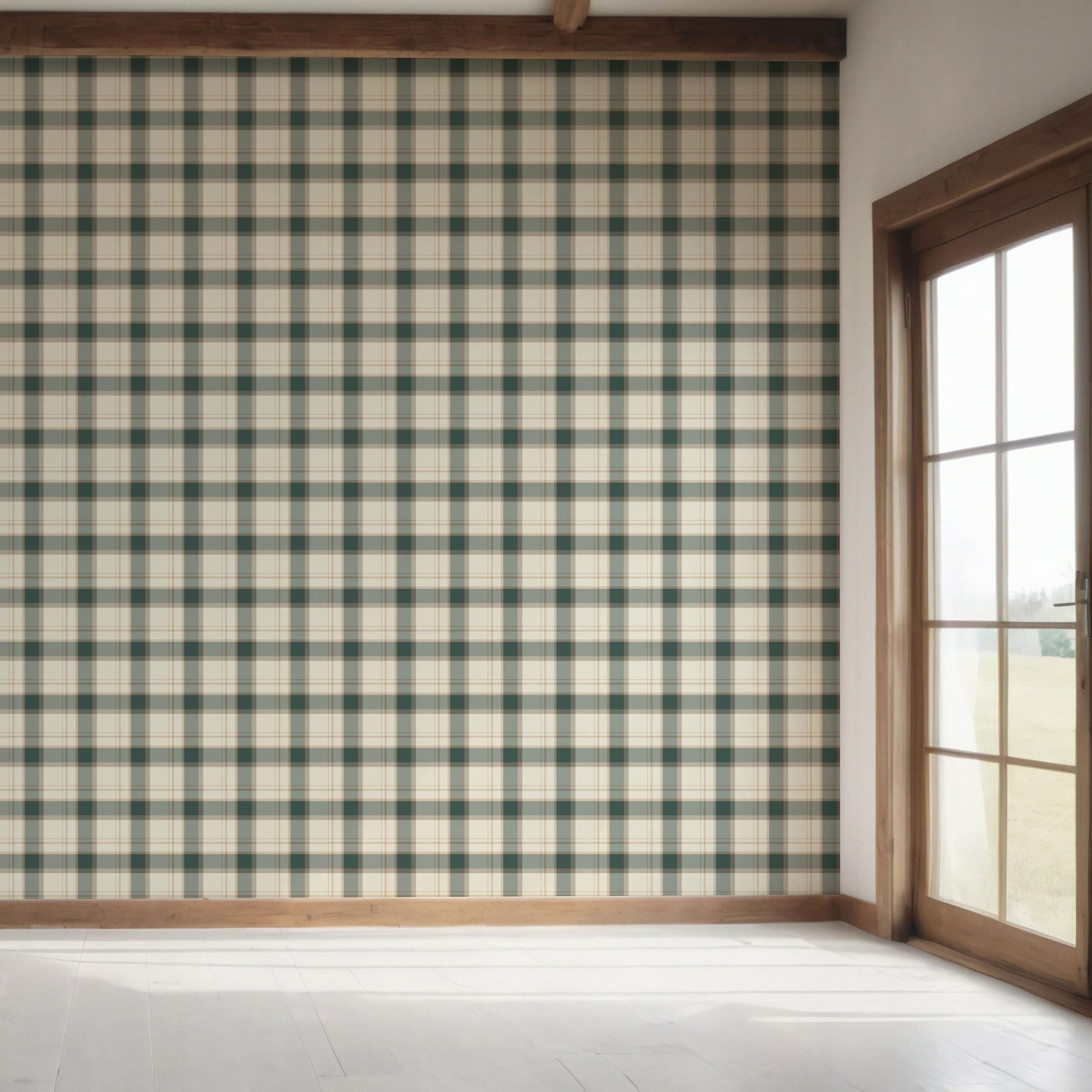 Geometric Plaid Checkered Bedroom Wallpaper Sample (Teal Green/ Beige/ Off-White)