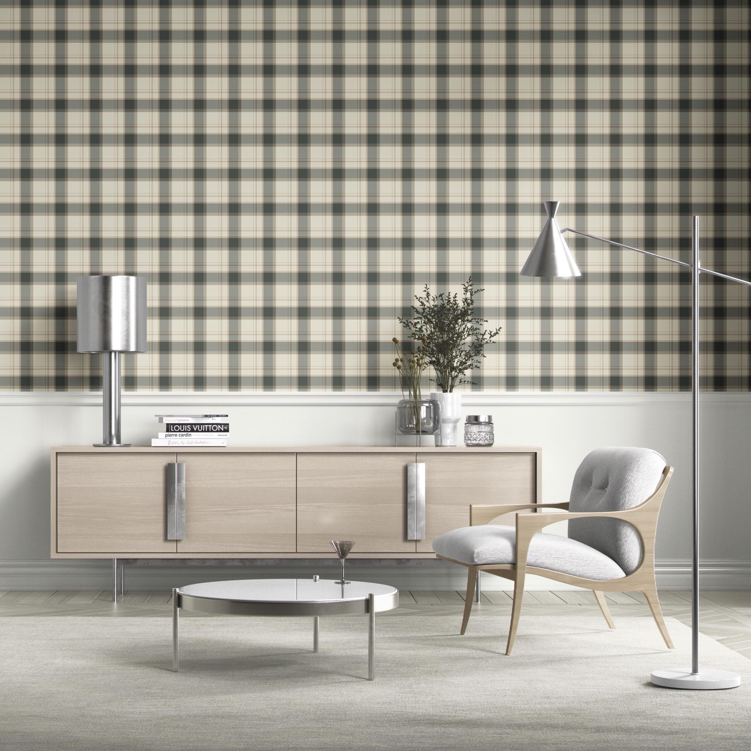 Neutral Geometric Plaid Checkered Kitchen Wallpaper Sample (Charcoal Black/ Off-White/ Beige)