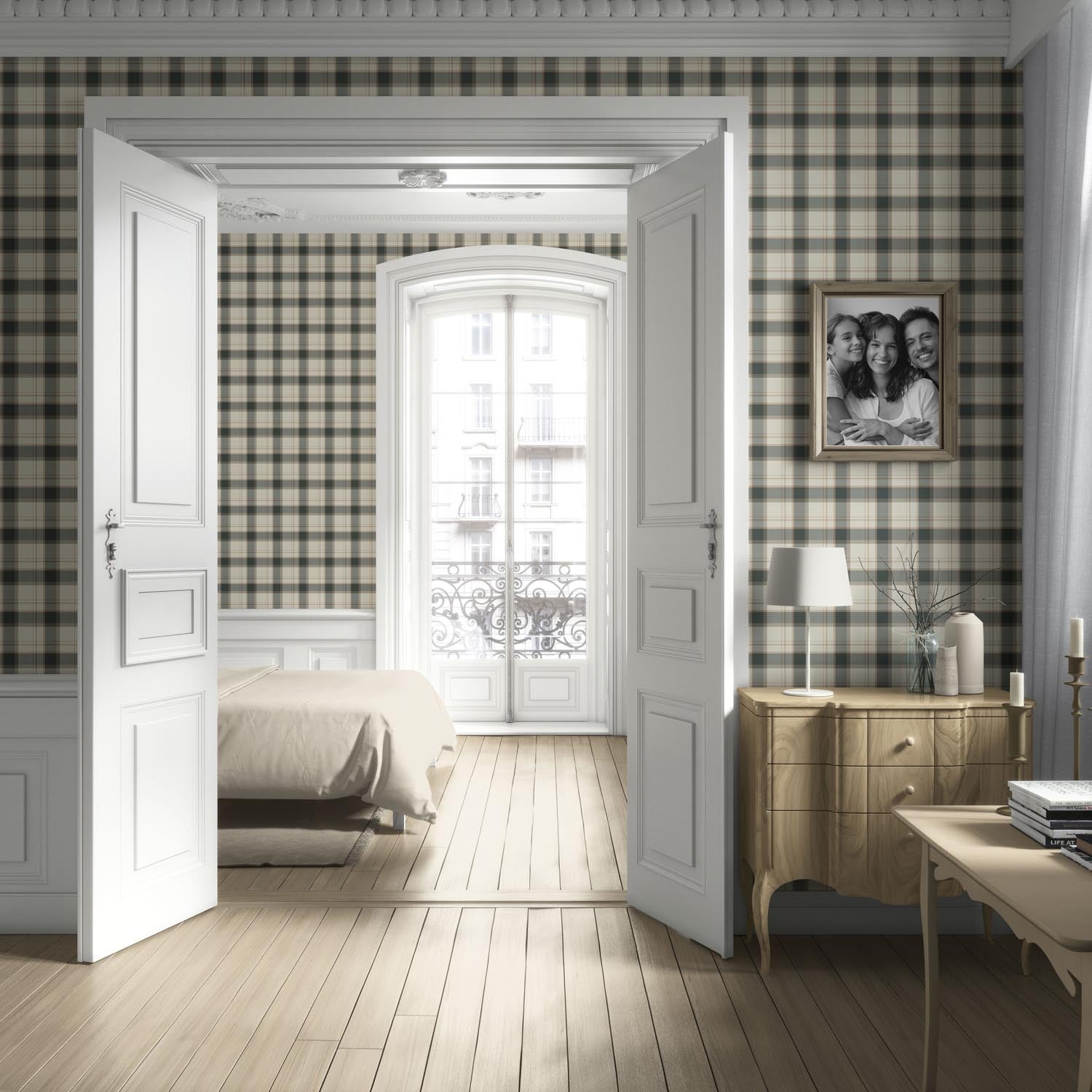 Neutral Geometric Plaid Checkered Living Room Wallpaper Sample (Charcoal Black/ Off-White/ Beige)