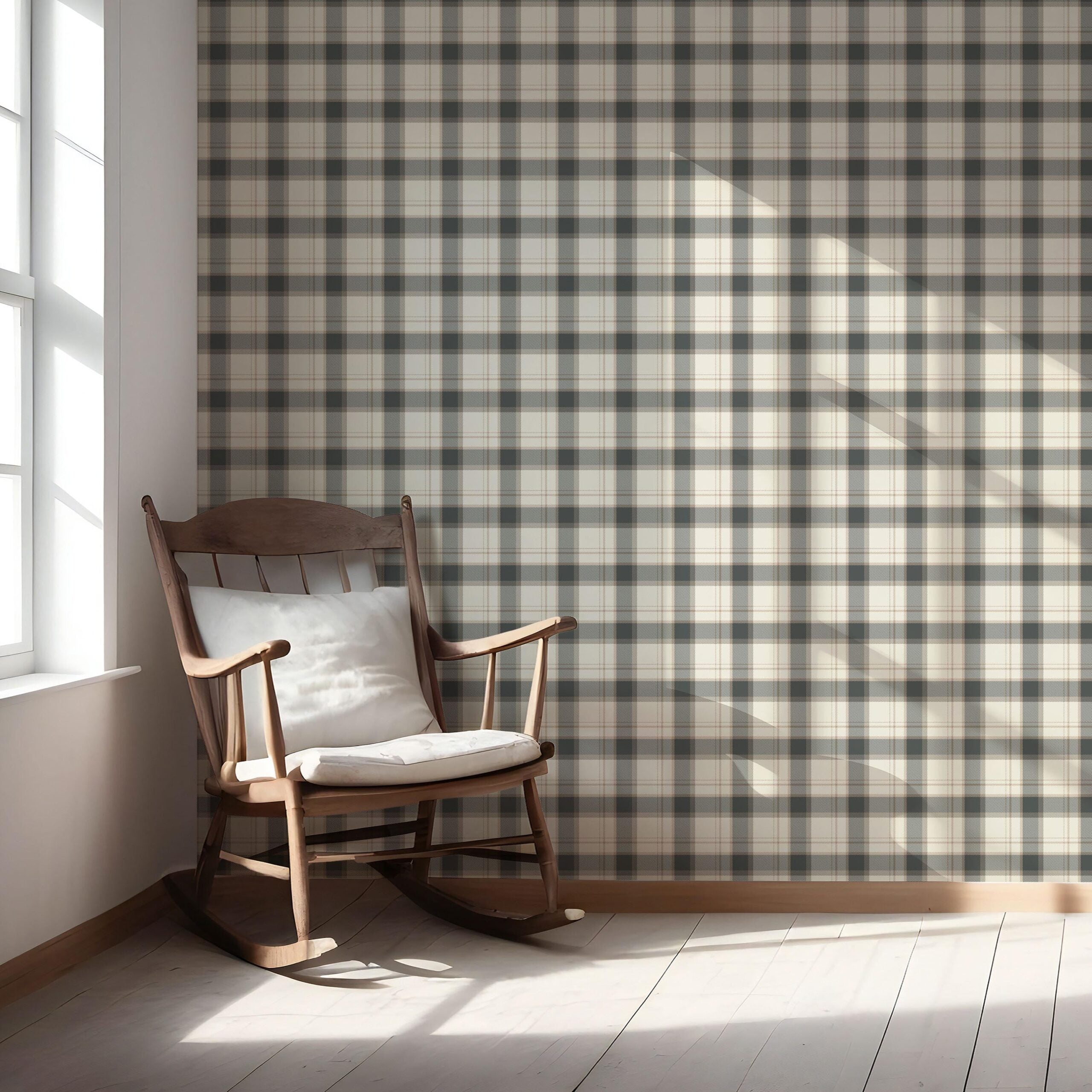 Neutral Geometric Plaid Checkered Nursery Wallpaper Sample (Charcoal Black/ Off-White/ Beige)