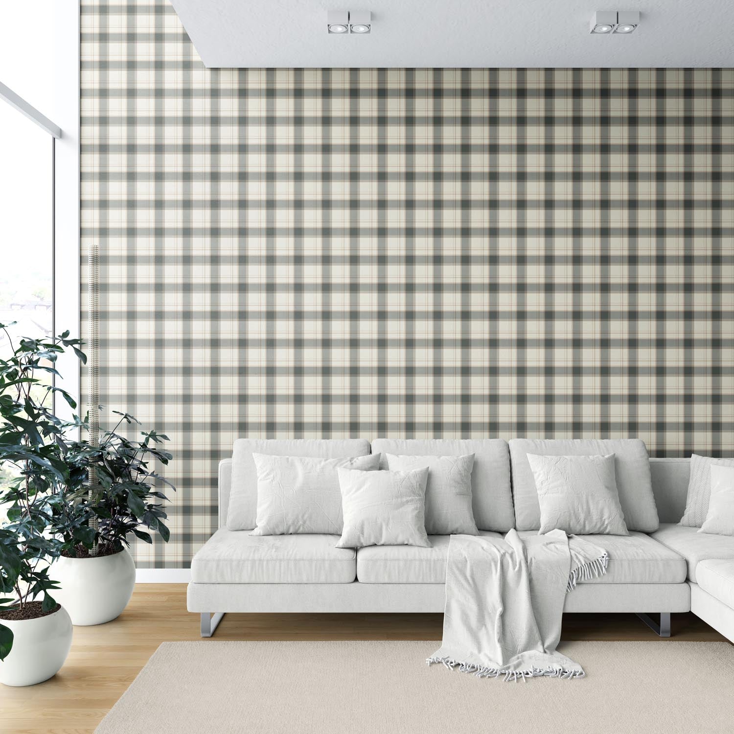 Neutral Geometric Plaid Checkered Shower Toilet Wallpaper Sample (Charcoal Black/ Off-White/ Beige)