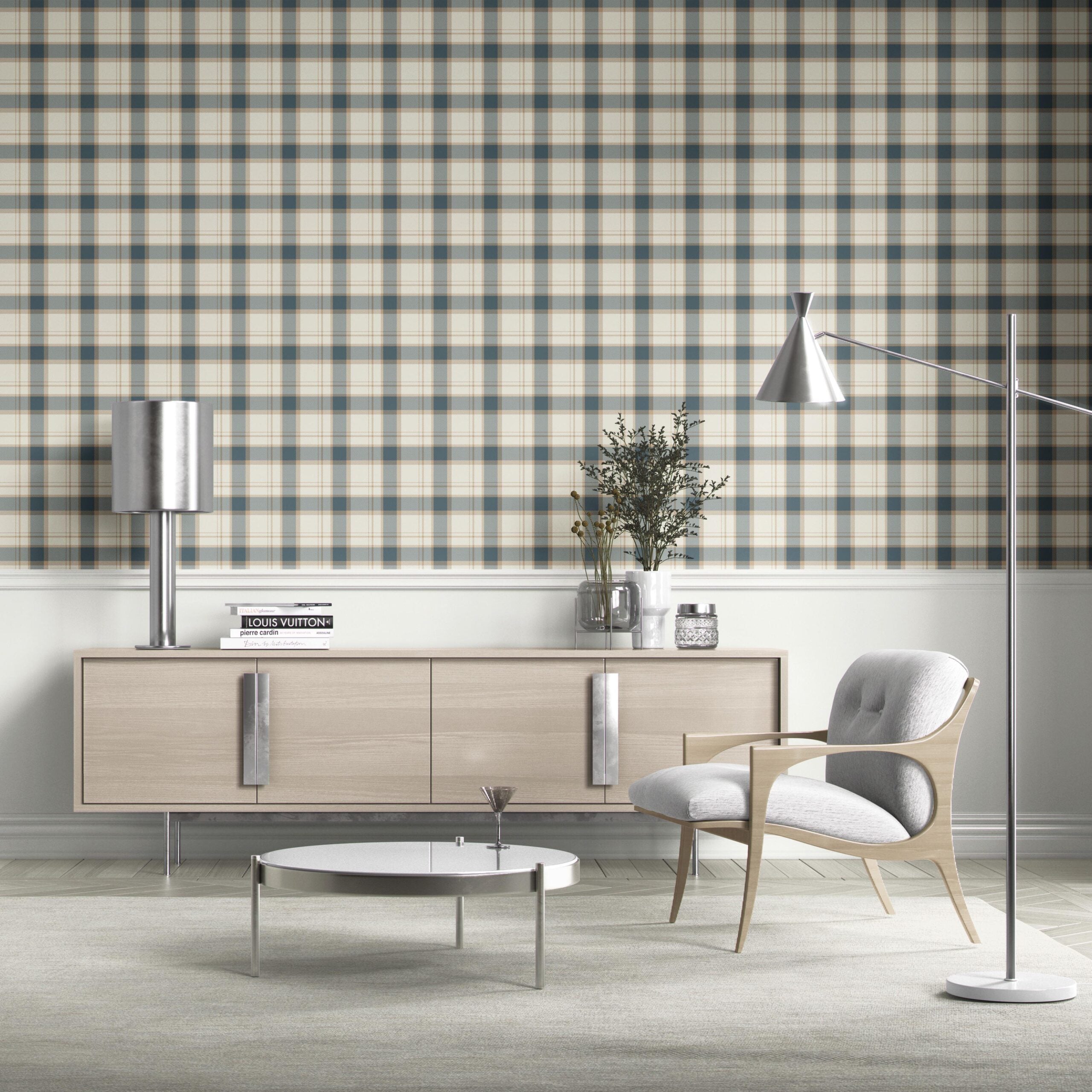 Neutral Geometric Plaid Checkered Kitchen Wallpaper (Teal Blue/ Off-White/ Beige)