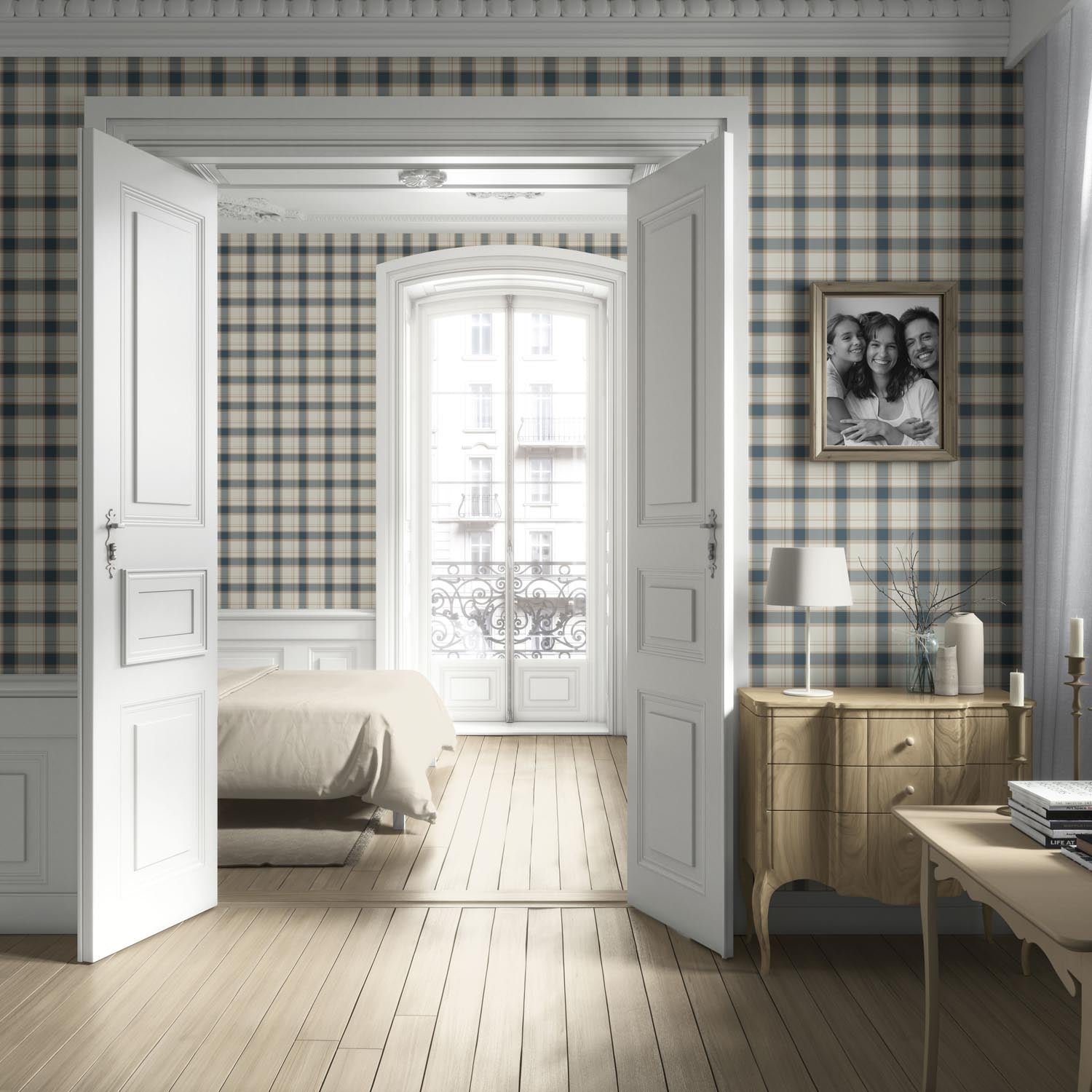 Neutral Geometric Plaid Checkered Living Room Wallpaper Sample (Teal Blue/ Off-White/ Beige)