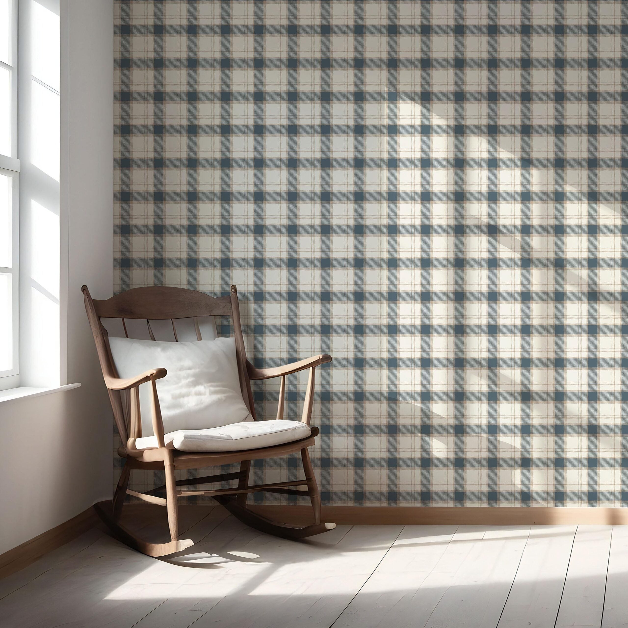 Neutral Geometric Plaid Checkered Nursery Wallpaper Sample (Teal Blue/ Off-White/ Beige)