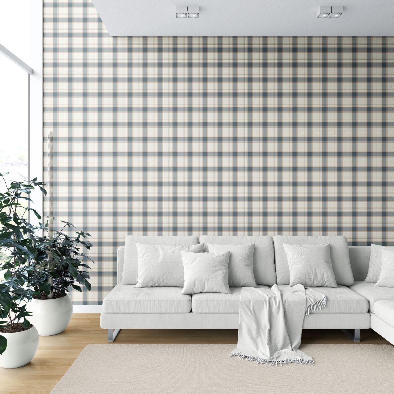 Neutral Geometric Plaid Checkered Shower Toilet Wallpaper Sample (Teal Blue/ Off-White/ Beige)