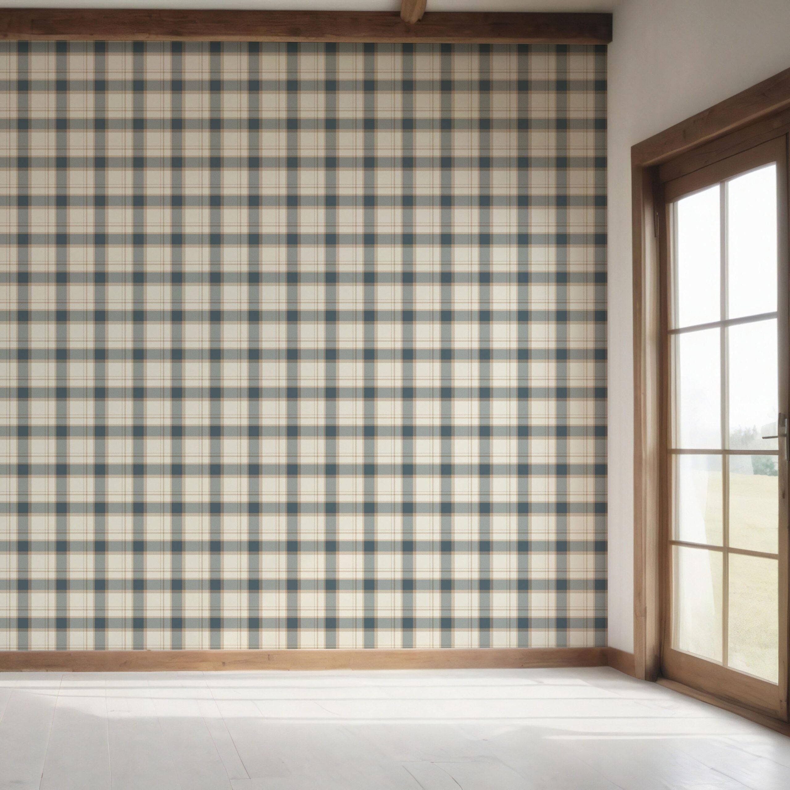 Neutral Geometric Plaid Checkered Bedroom Wallpaper Sample (Teal Blue/ Off-White/ Beige)