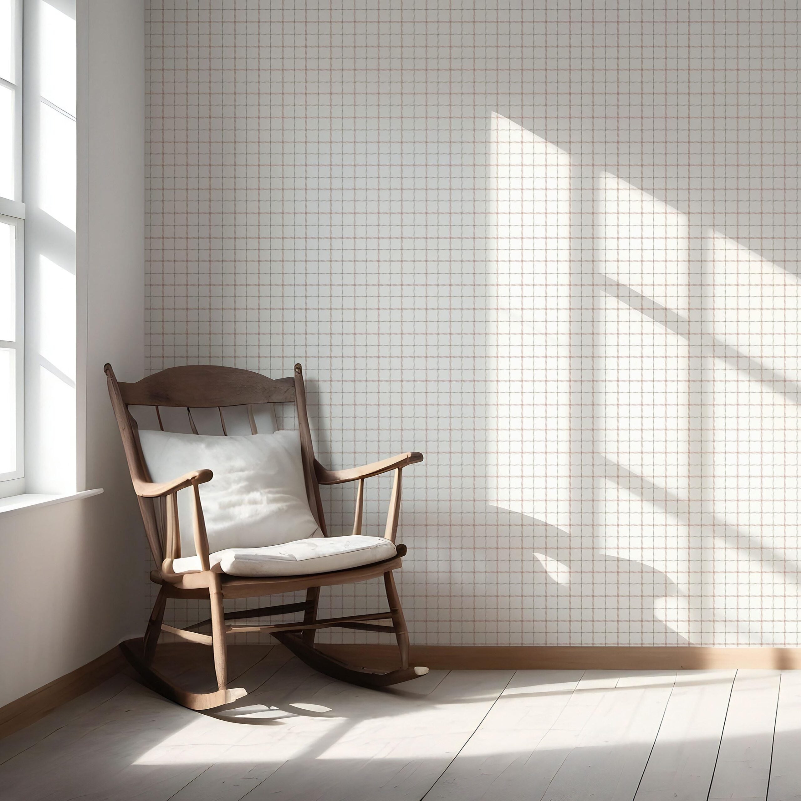 Windowpane Checkered/ Plaid Nursery Wallpaper Sample (Pink/ White/ Taupe)