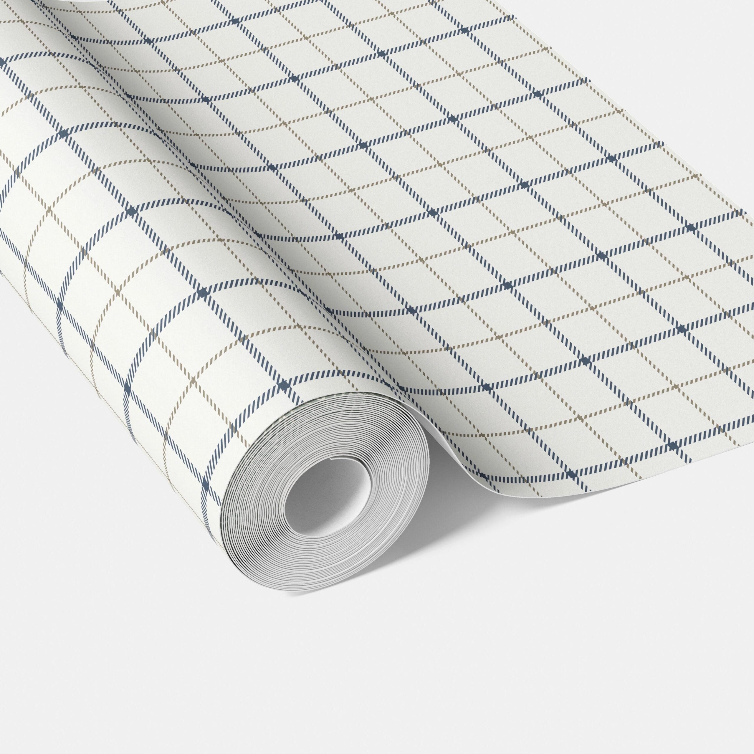 Windowpane Checkered/ Plaid Traditional Wallpaper Sample (Navy Blue/ White/ Taupe)