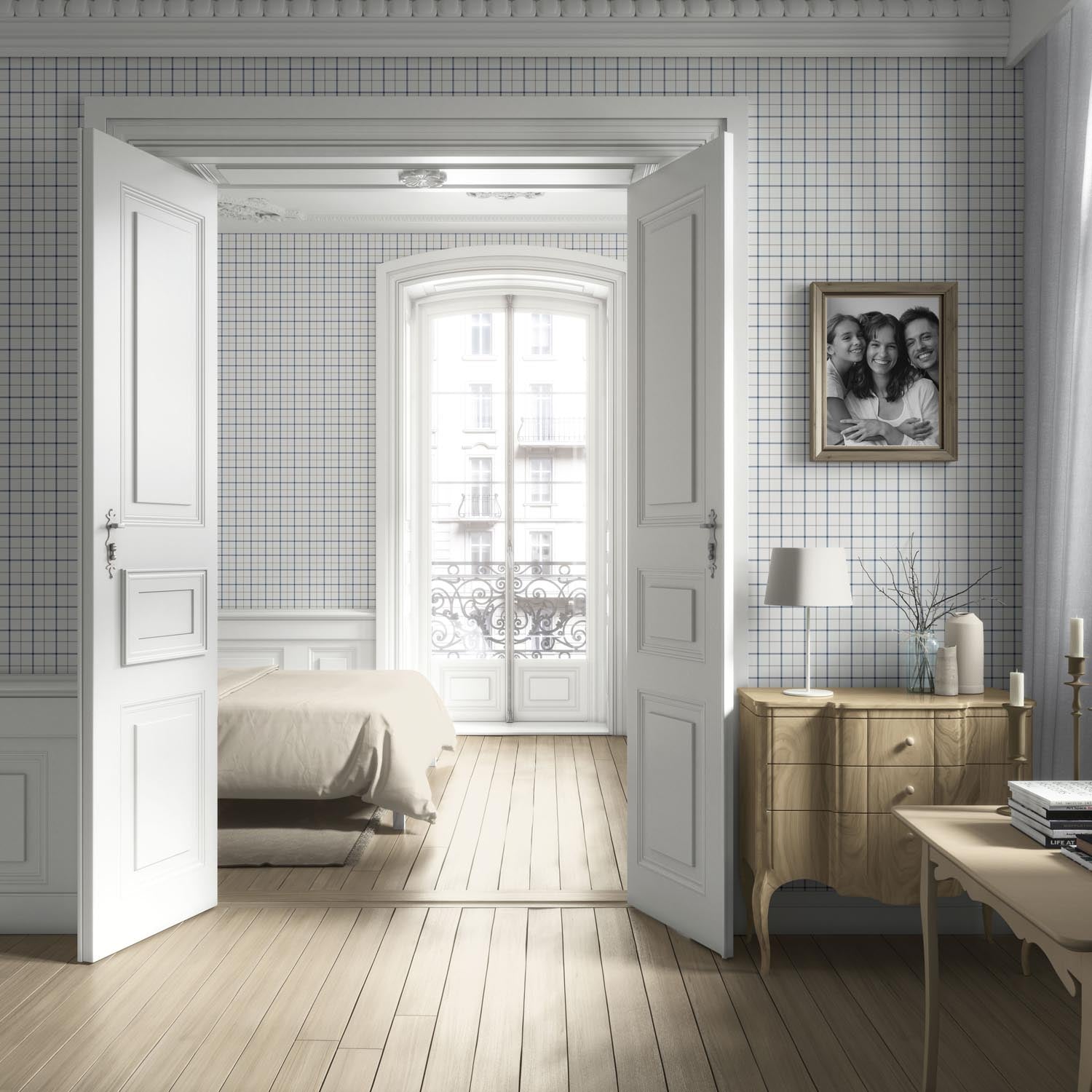 Windowpane Checkered/ Plaid Living Room Wallpaper Sample (Navy Blue/ White/ Taupe)