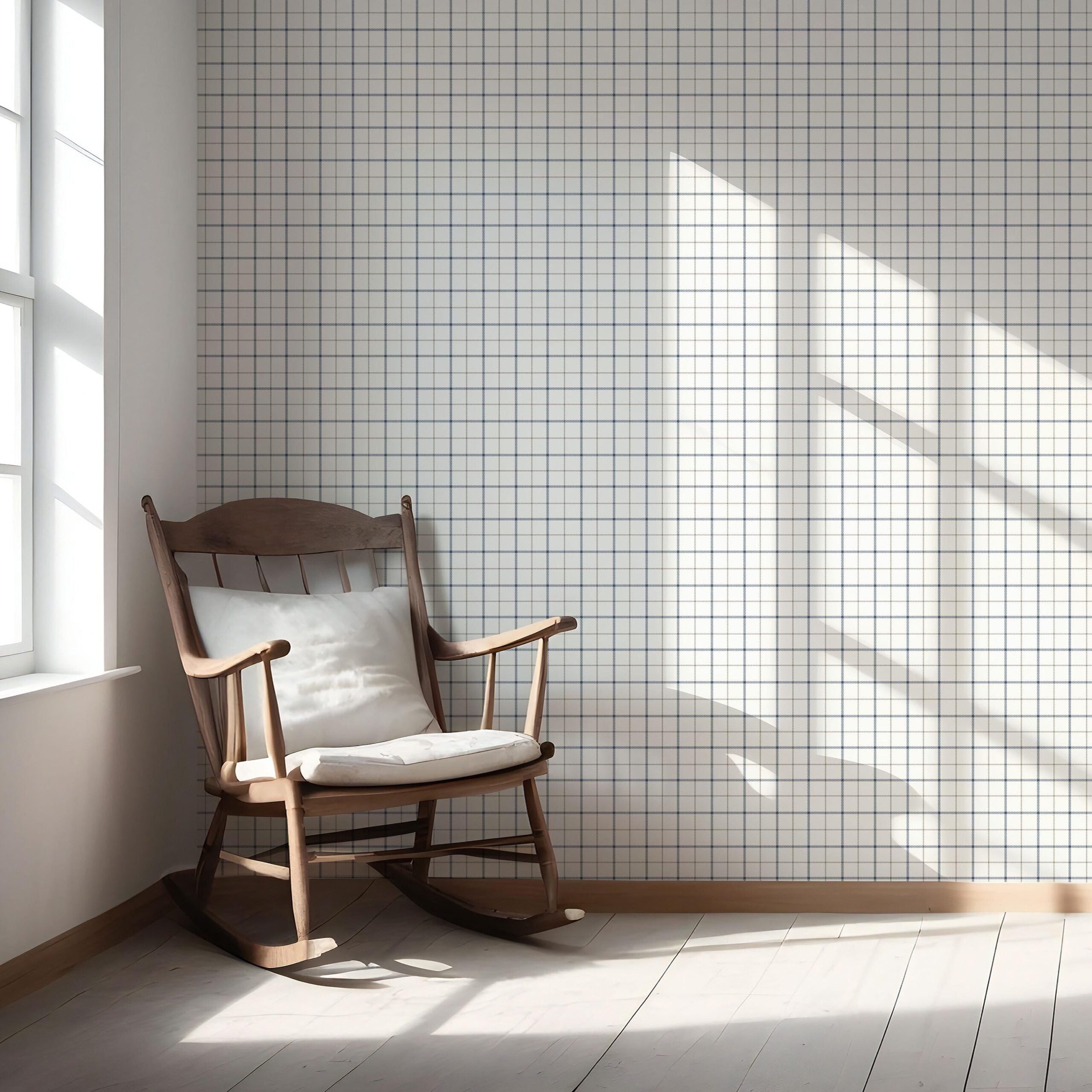 Windowpane Checkered/ Plaid Nursery Wallpaper Sample (Navy Blue/ White/ Taupe)