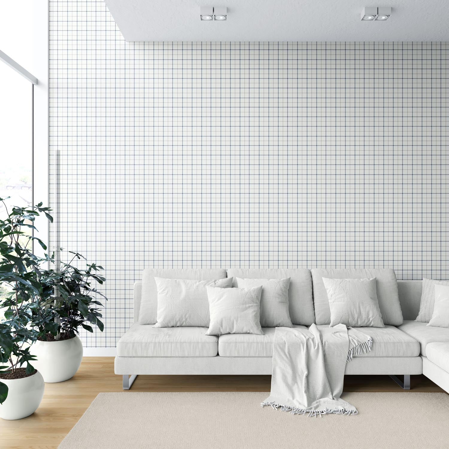Windowpane Checkered/ Plaid Shower Toilet Wallpaper Sample (Navy Blue/ White/ Taupe)