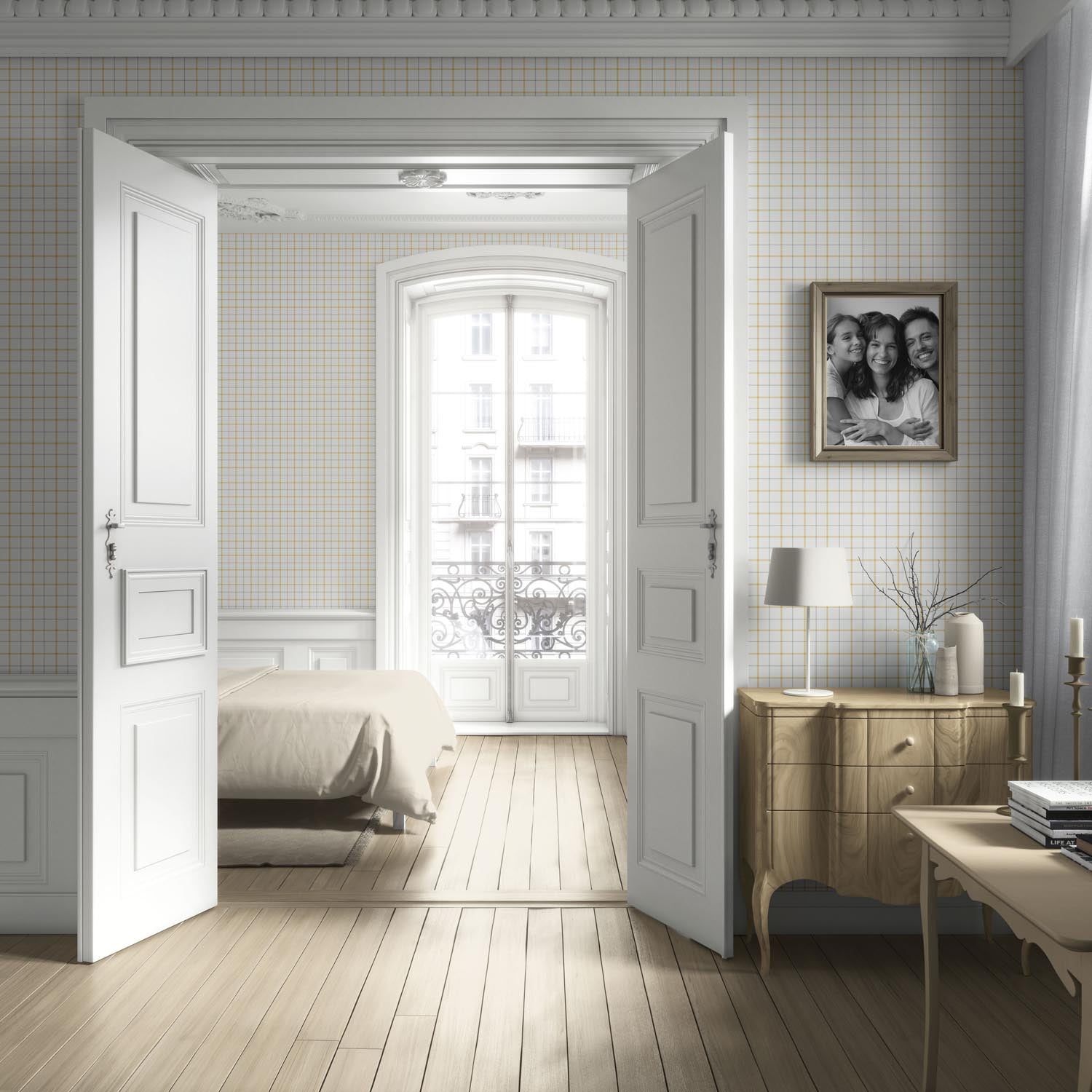Windowpane Checkered/ Plaid Living Room Wallpaper (Mustard Yellow/ White/ Taupe)