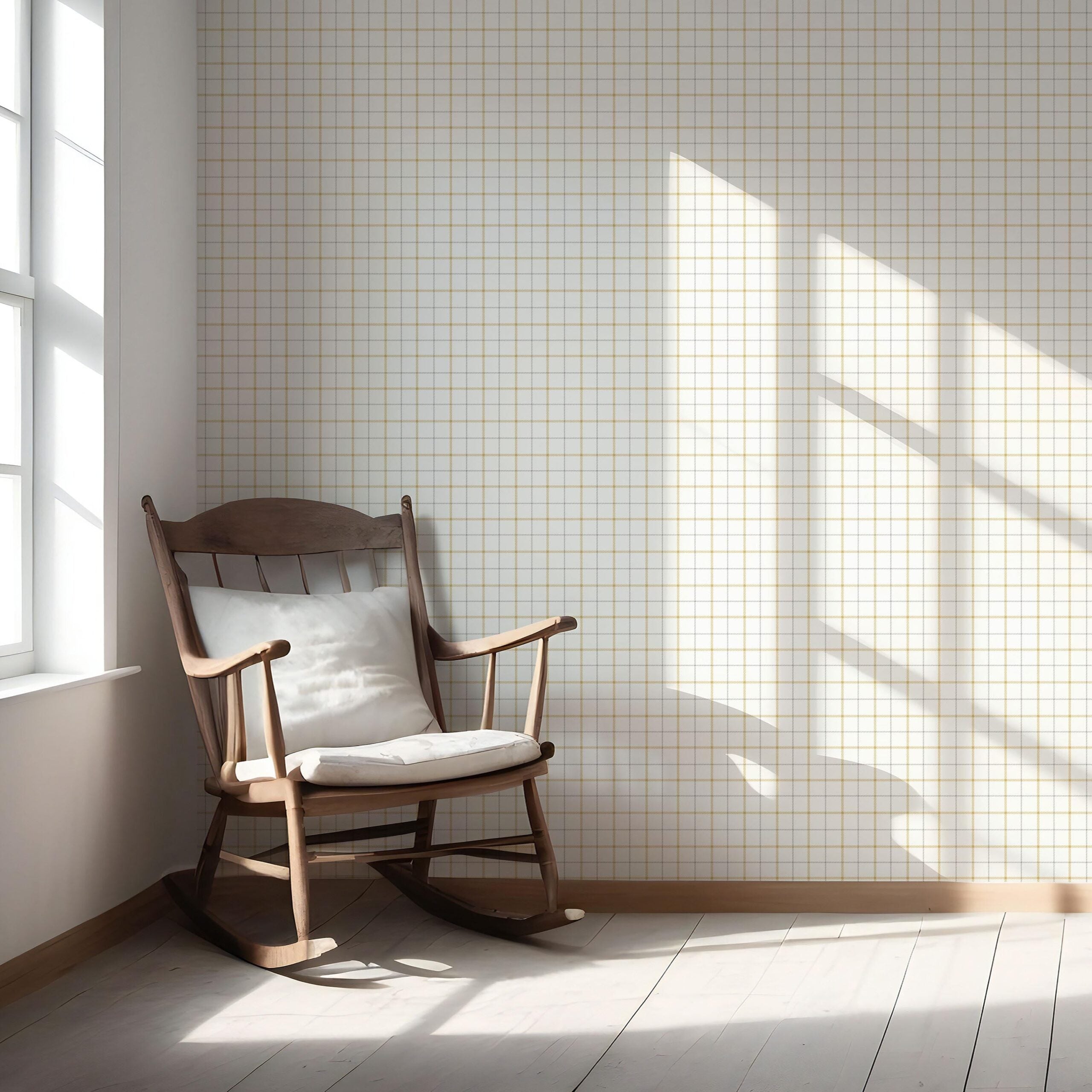 Windowpane Checkered/ Plaid Nursery Wallpaper Sample (Mustard Yellow/ White/ Taupe)
