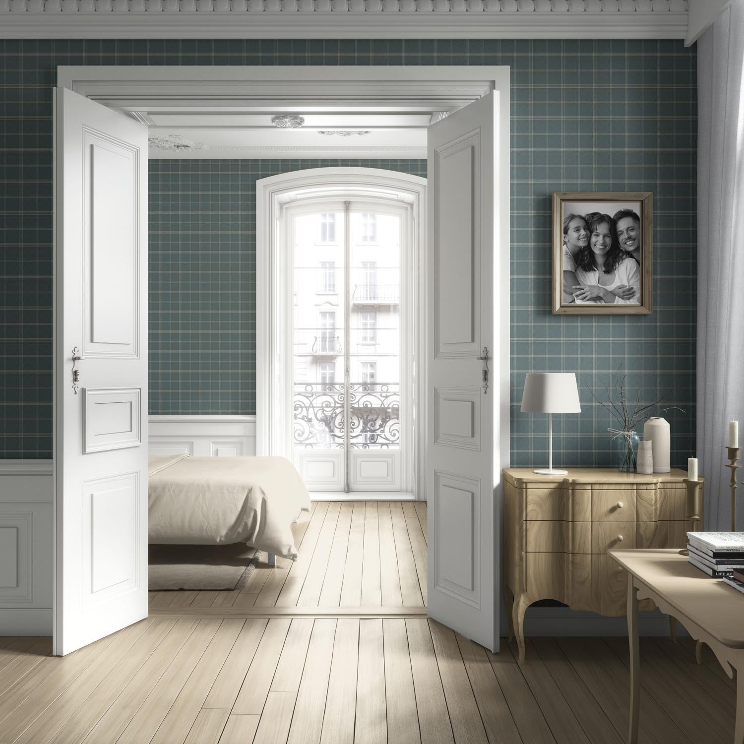 Geometric Plaid Checkered Living Room Wallpaper (Teal Blue/ Gray)