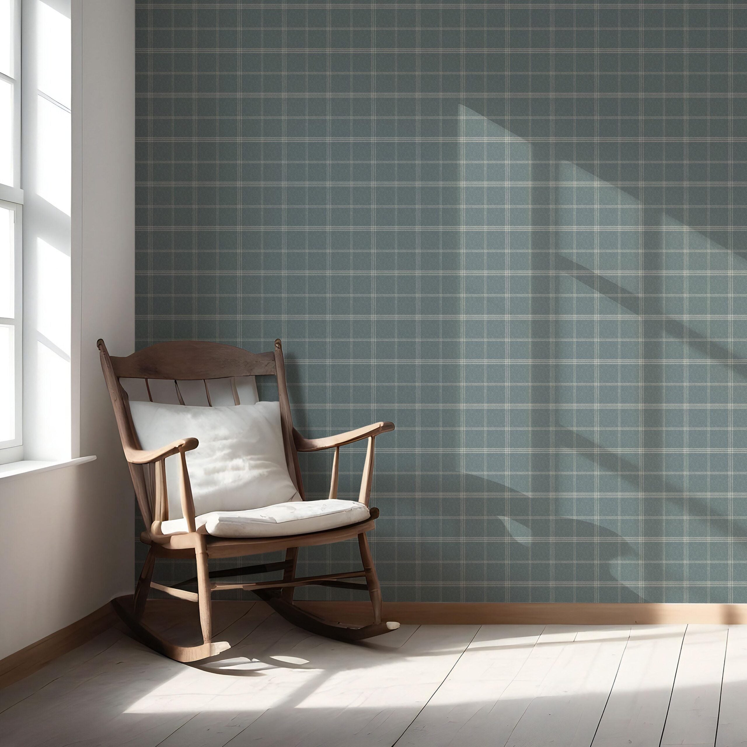 Geometric Plaid Checkered Nursery Wallpaper Sample (Teal Blue/ Gray)