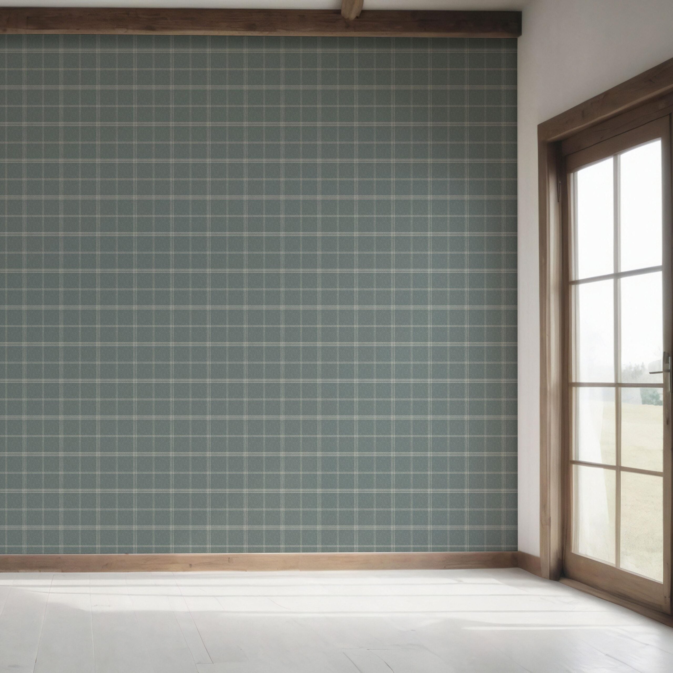 Geometric Plaid Checkered Bedroom Wallpaper Sample (Teal Blue/ Gray)