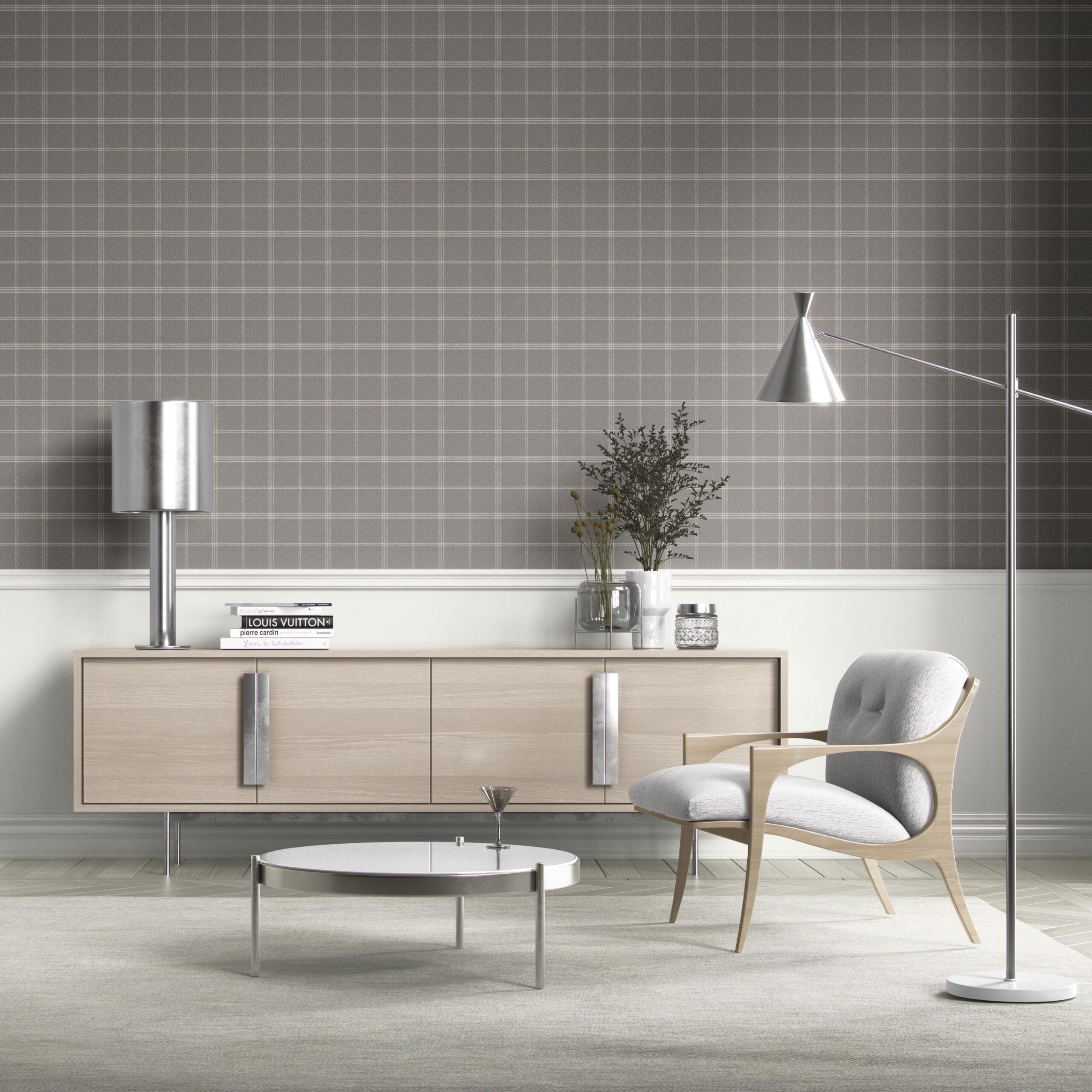 Neutral Geometric Plaid Checkered Kitchen Wallpaper Sample (Gray)