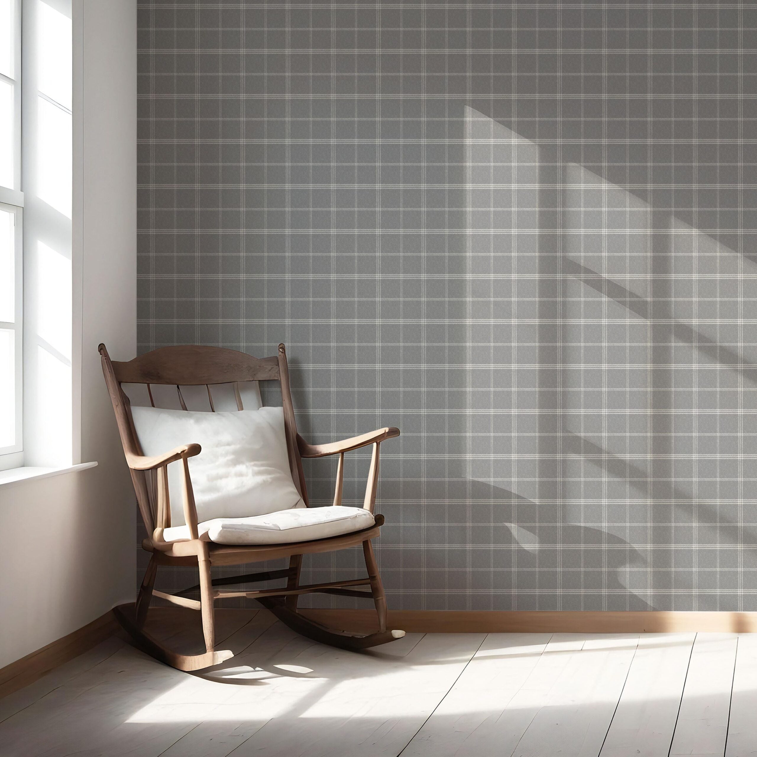 Neutral Geometric Plaid Checkered Nursery Wallpaper Sample (Gray)