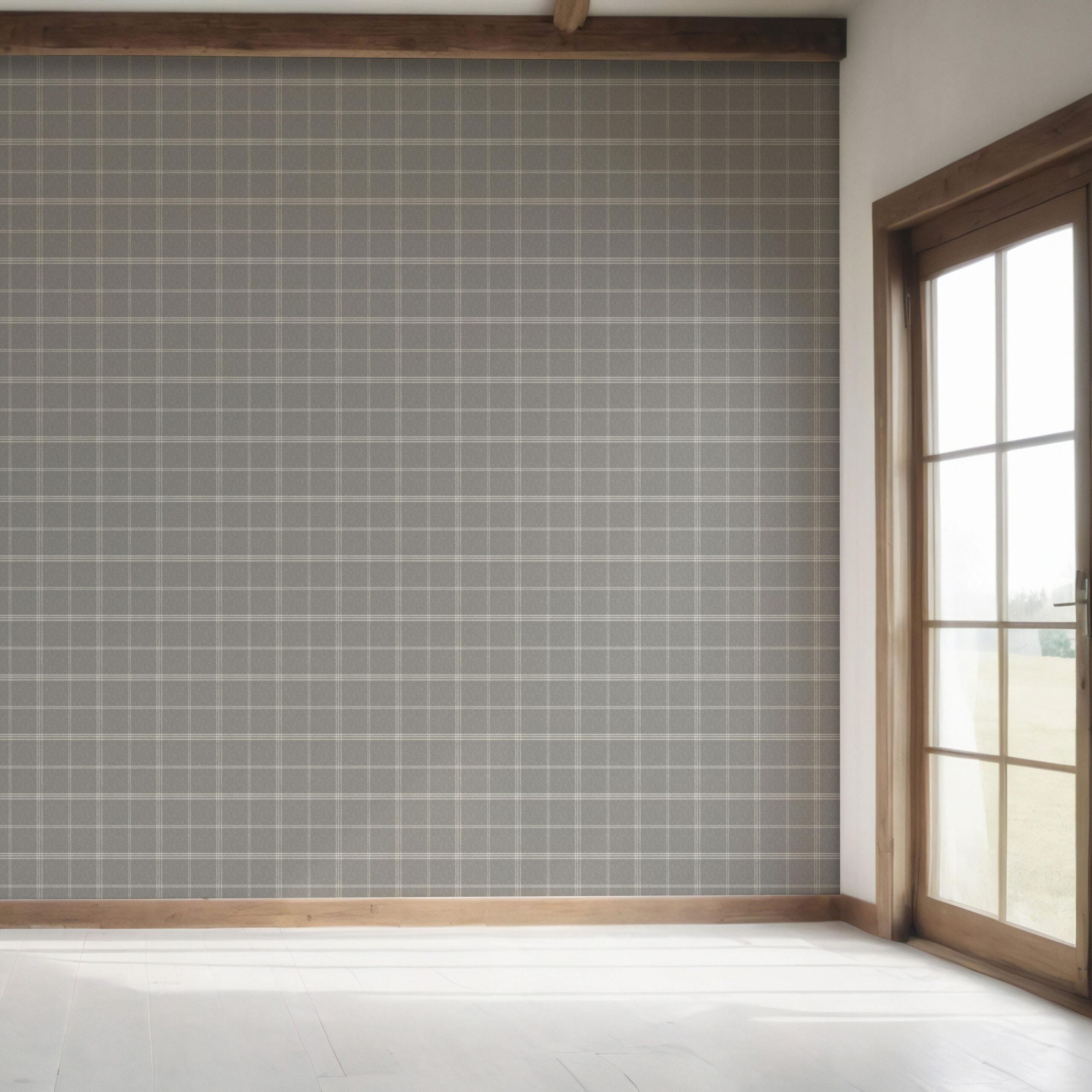 Neutral Geometric Plaid Checkered Bedroom Wallpaper Sample (Gray)