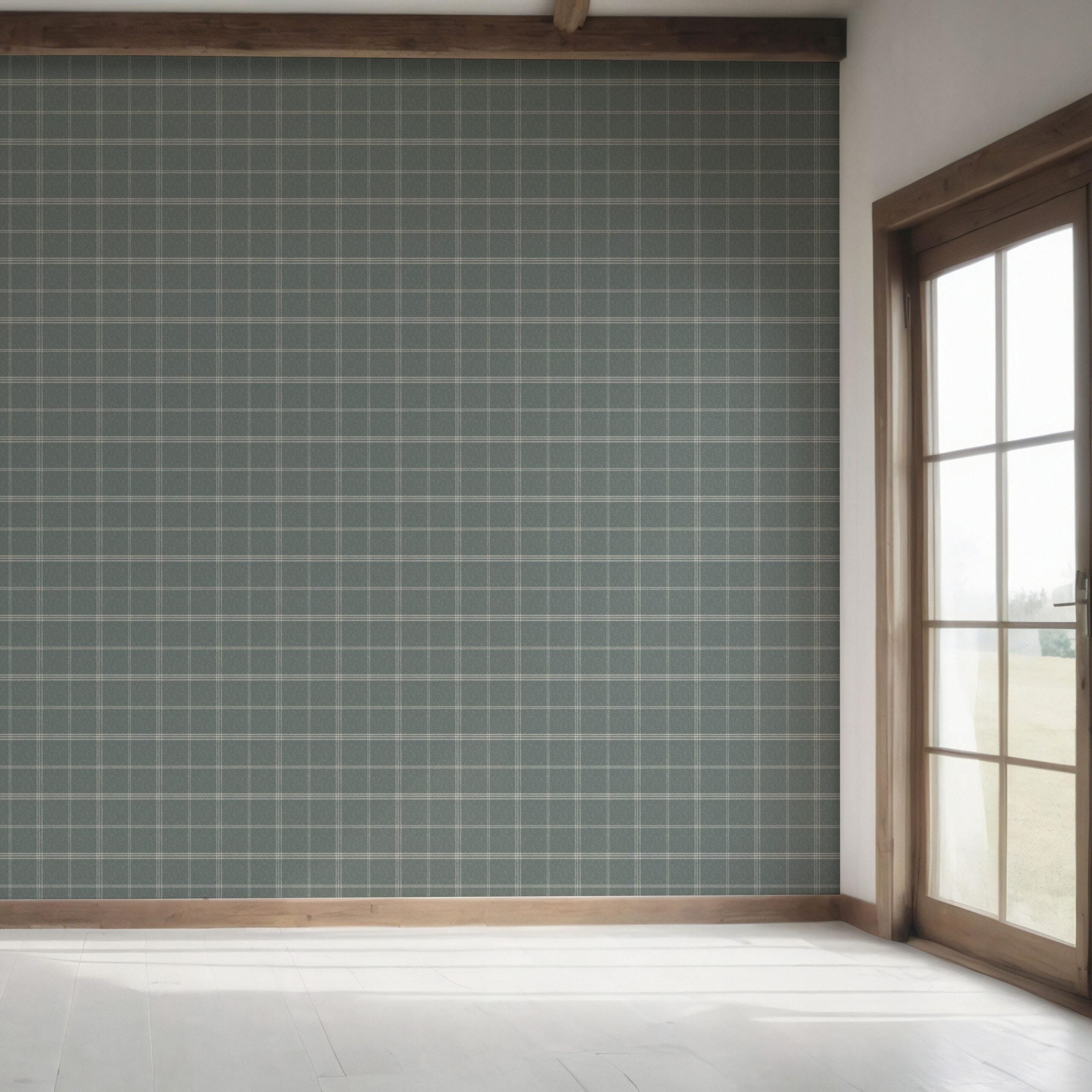 Geometric Plaid Checkered Bedroom Wallpaper Sample (Blue-Gray)