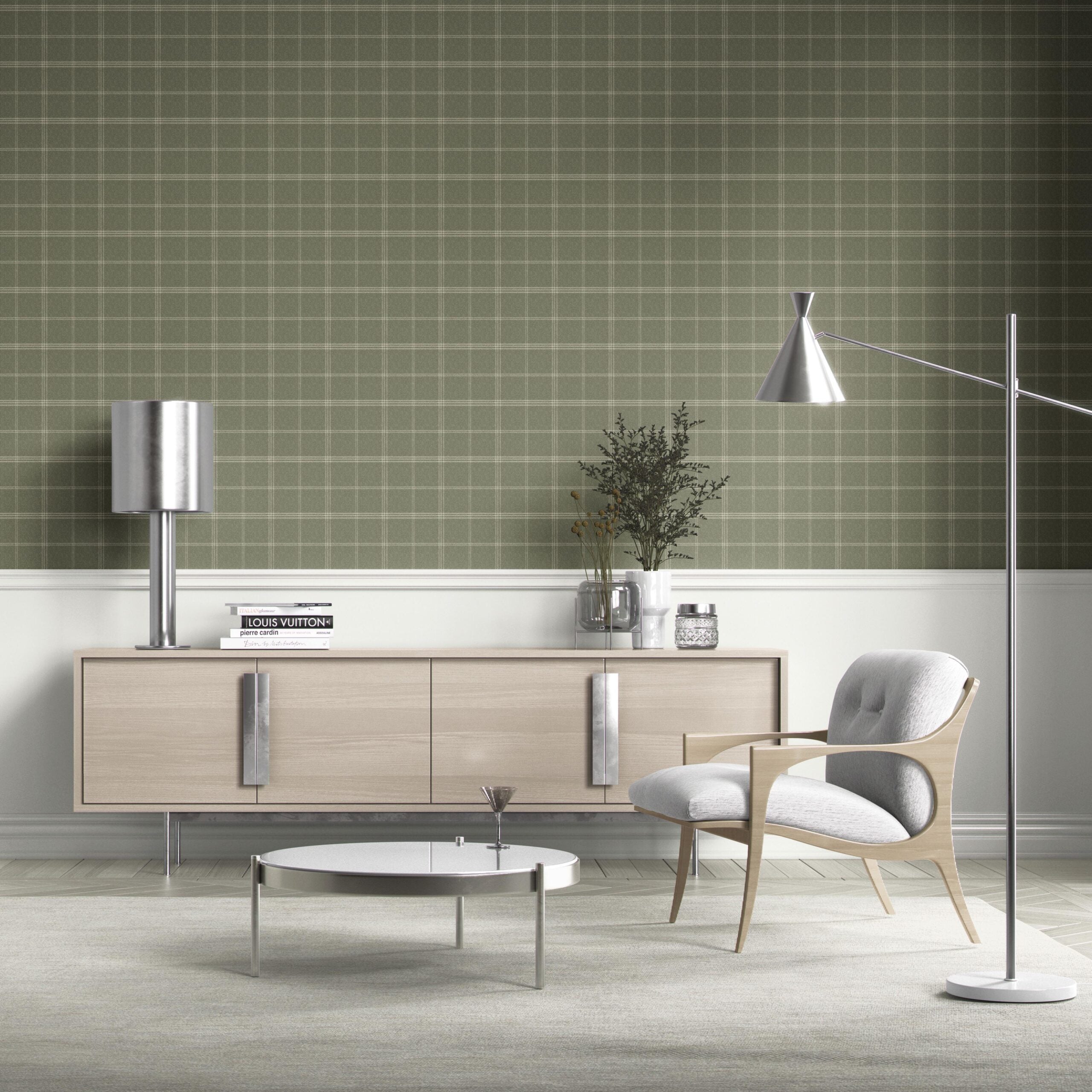 Geometric Plaid Checkered Kitchen Wallpaper Sample (Olive Green)