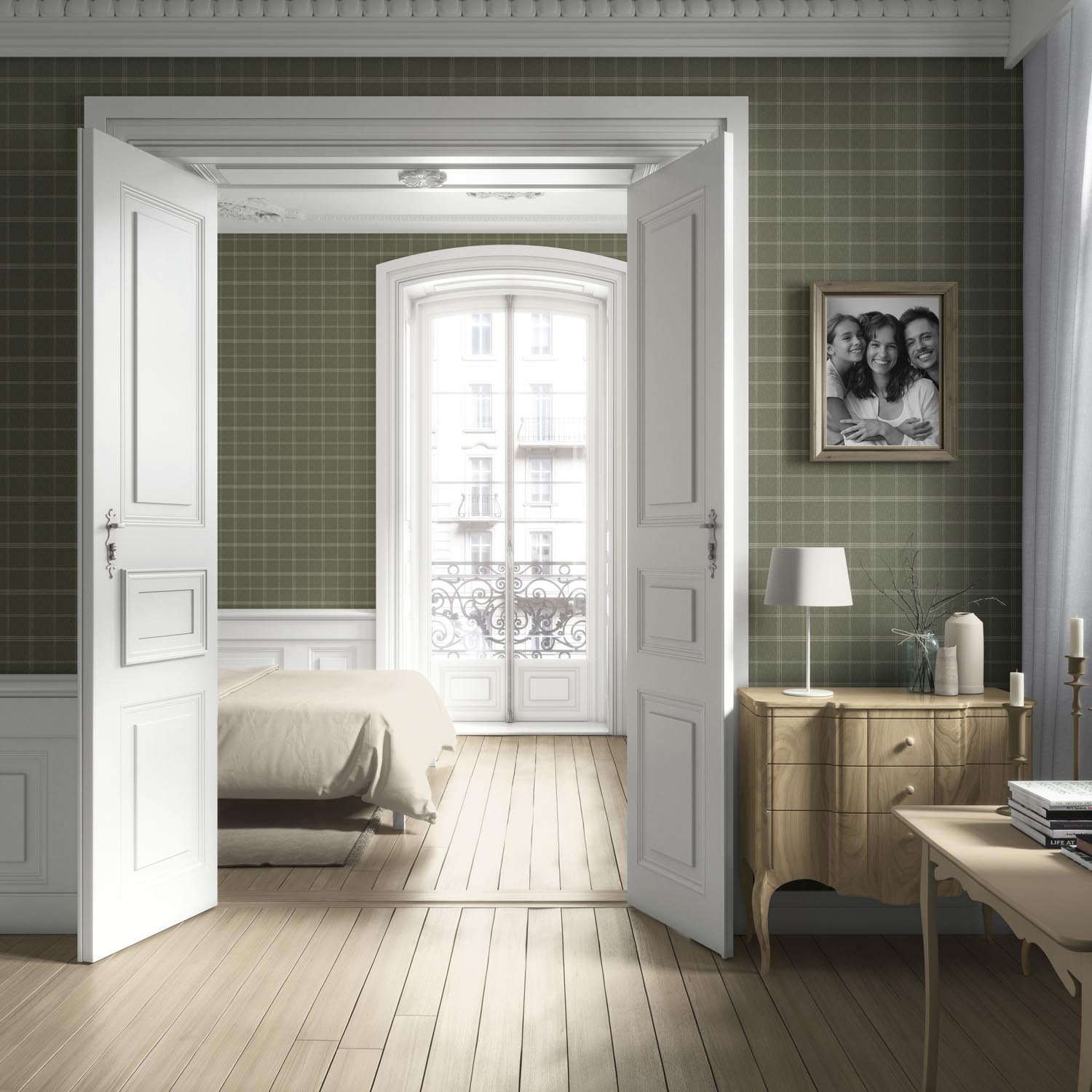 Geometric Plaid Checkered Living Room Wallpaper Sample (Olive Green)