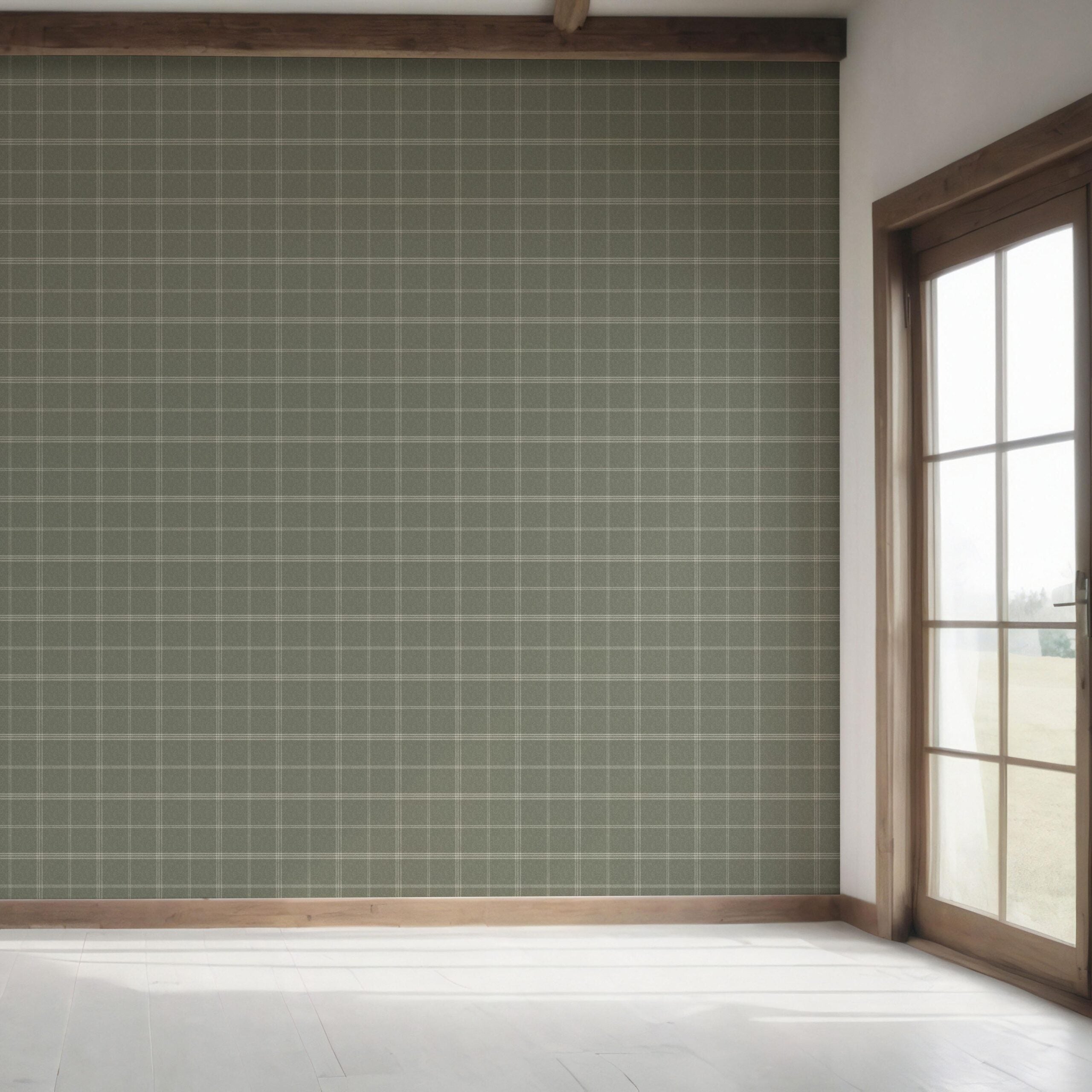 Geometric Plaid Checkered Bedroom Wallpaper Sample (Olive Green)