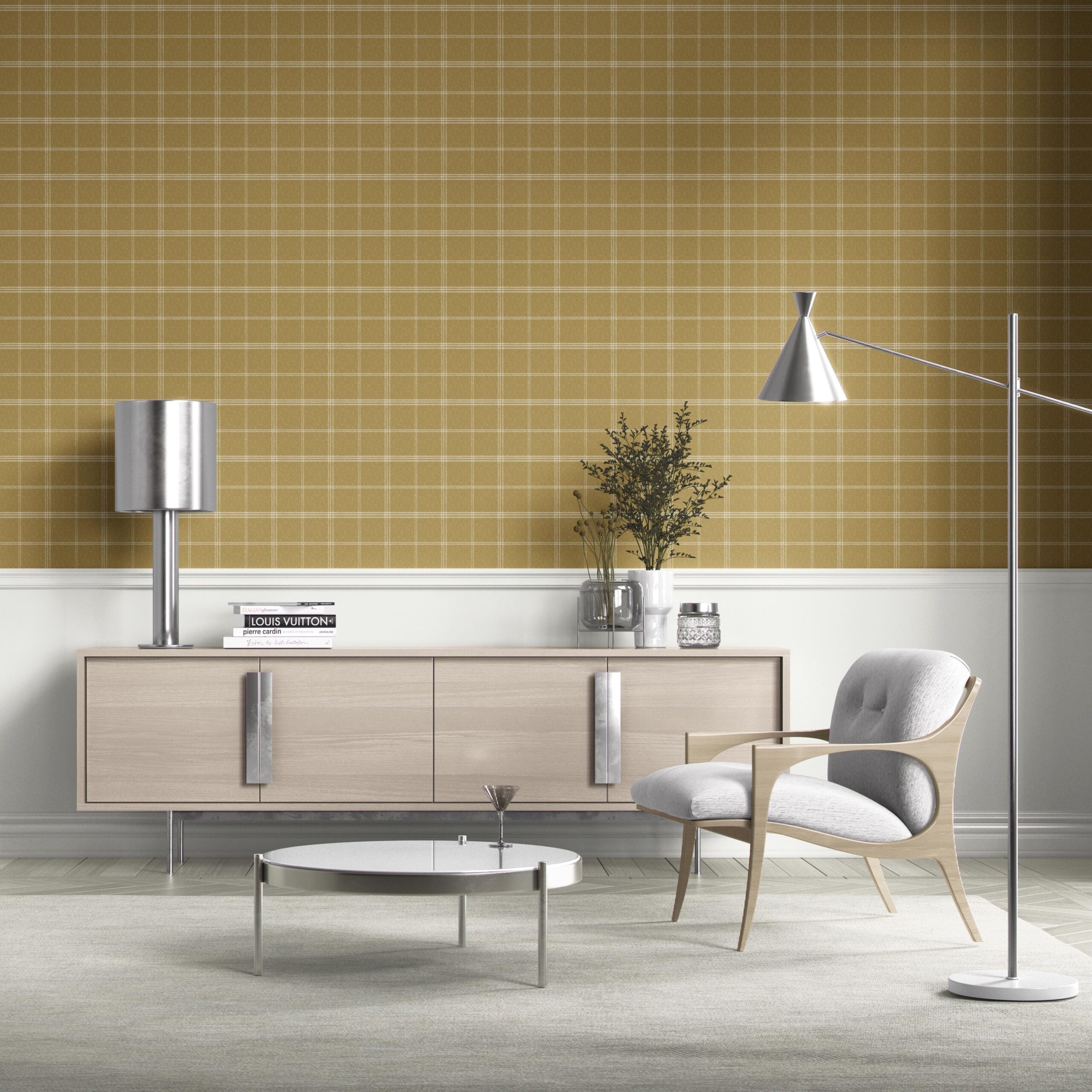 Geometric Plaid Checkered Kitchen Wallpaper Sample (Mustard Yellow)