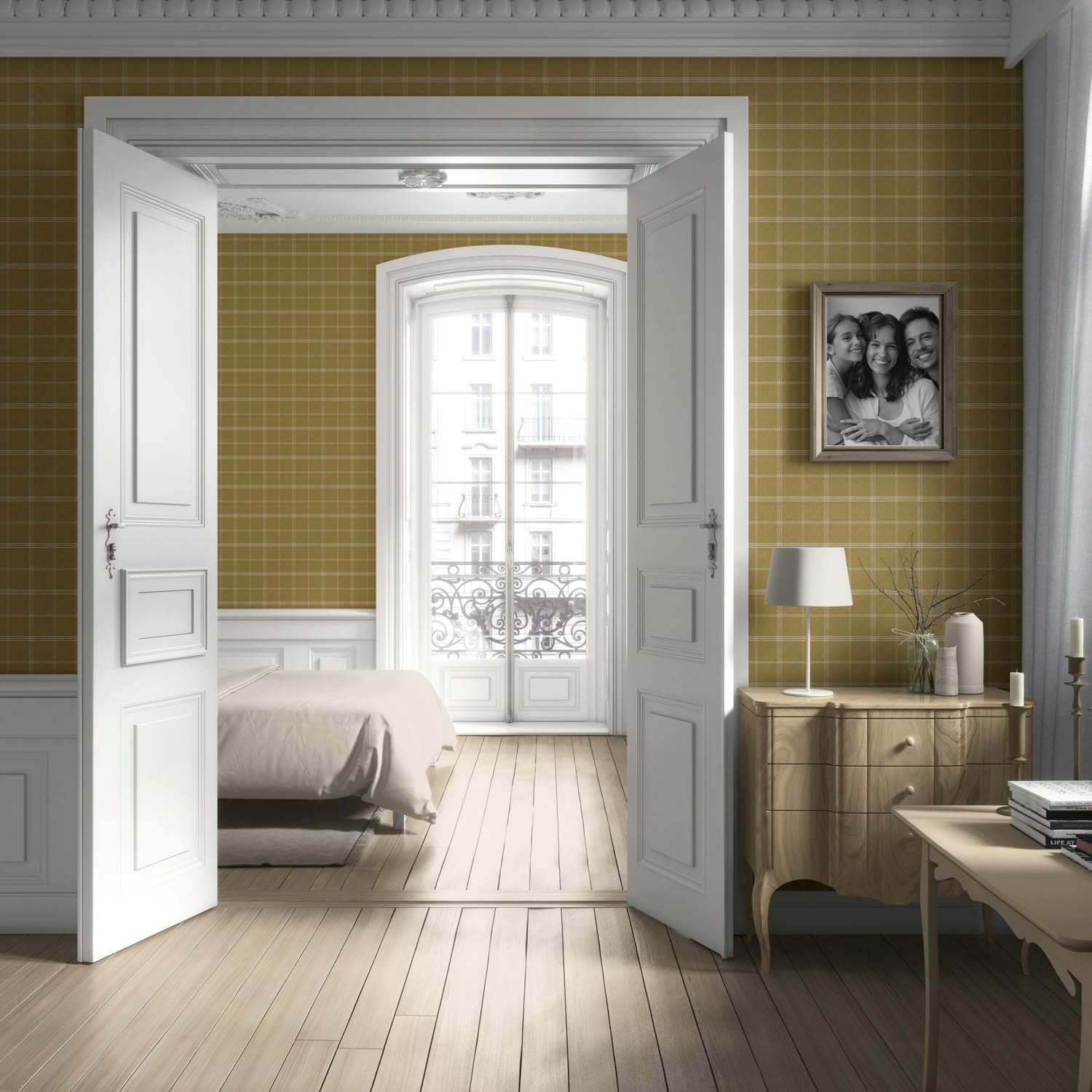 Geometric Plaid Checkered Living Room Wallpaper Sample (Mustard Yellow)