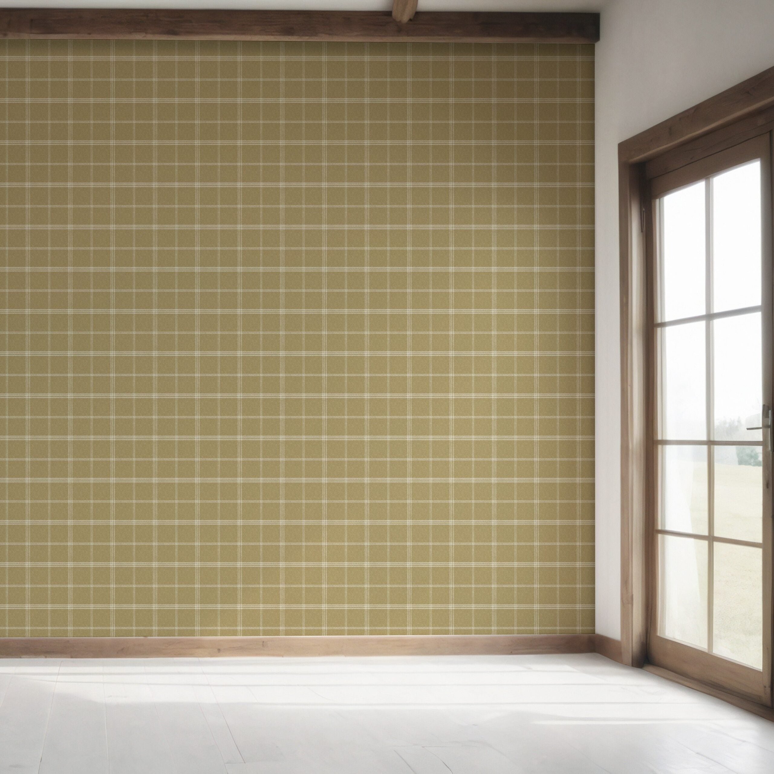 Geometric Plaid Checkered Bedroom Wallpaper Sample (Mustard Yellow)