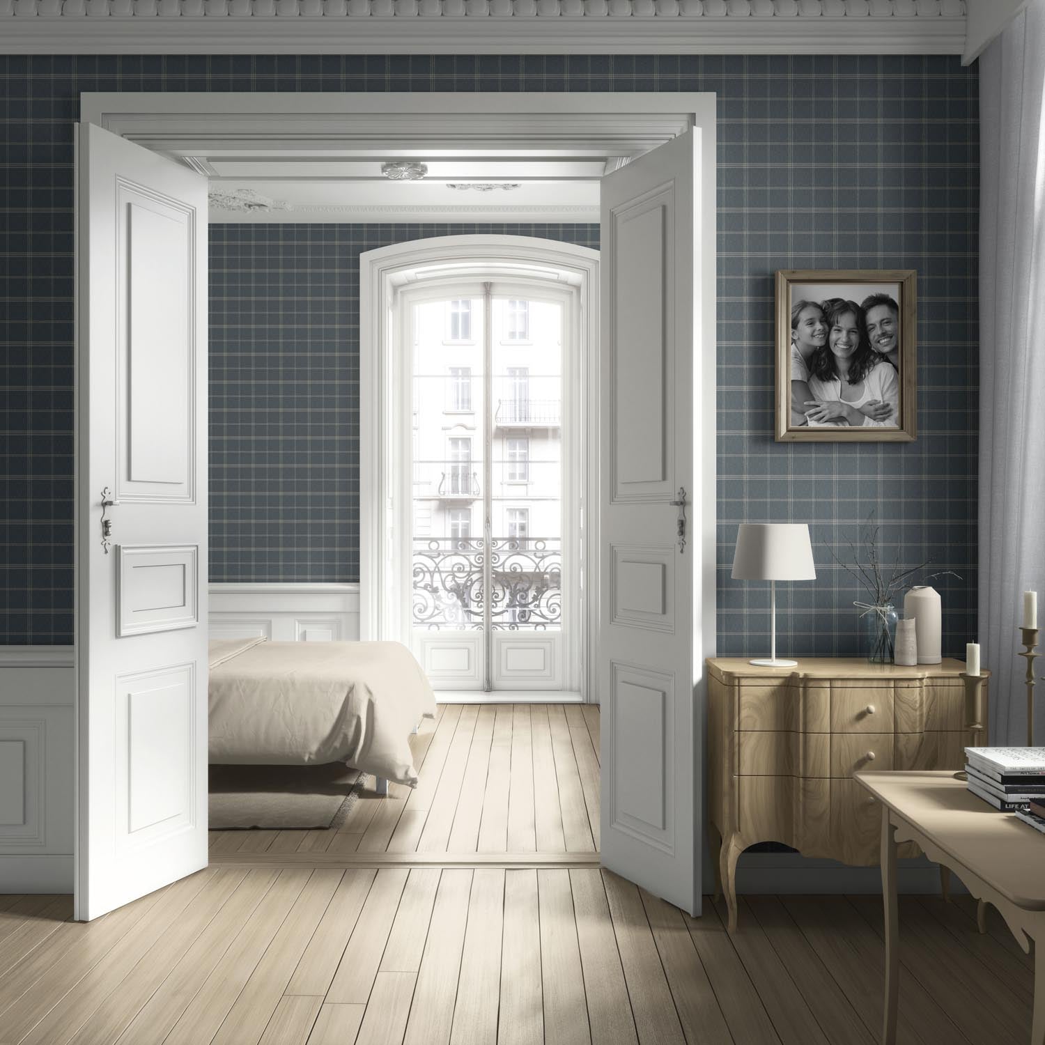 Neutral Geometric Plaid Checkered Living Room Wallpaper Sample (Slate Blue)