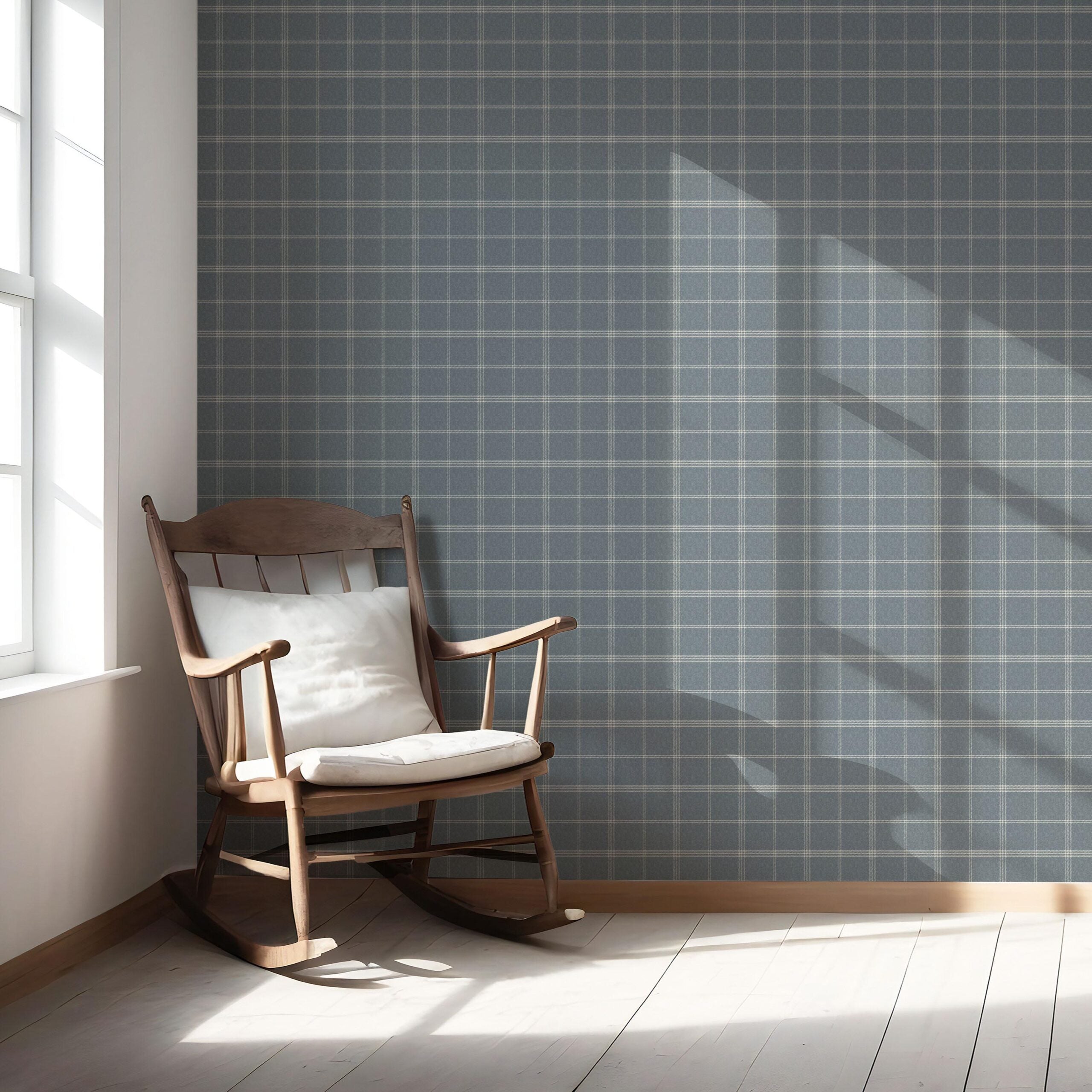 Neutral Geometric Plaid Checkered Nursery Wallpaper Sample (Slate Blue)