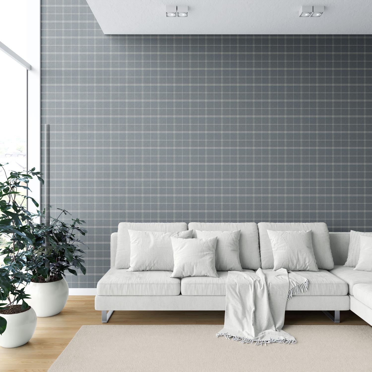 Neutral Geometric Plaid Checkered Shower Toilet Wallpaper Sample (Slate Blue)