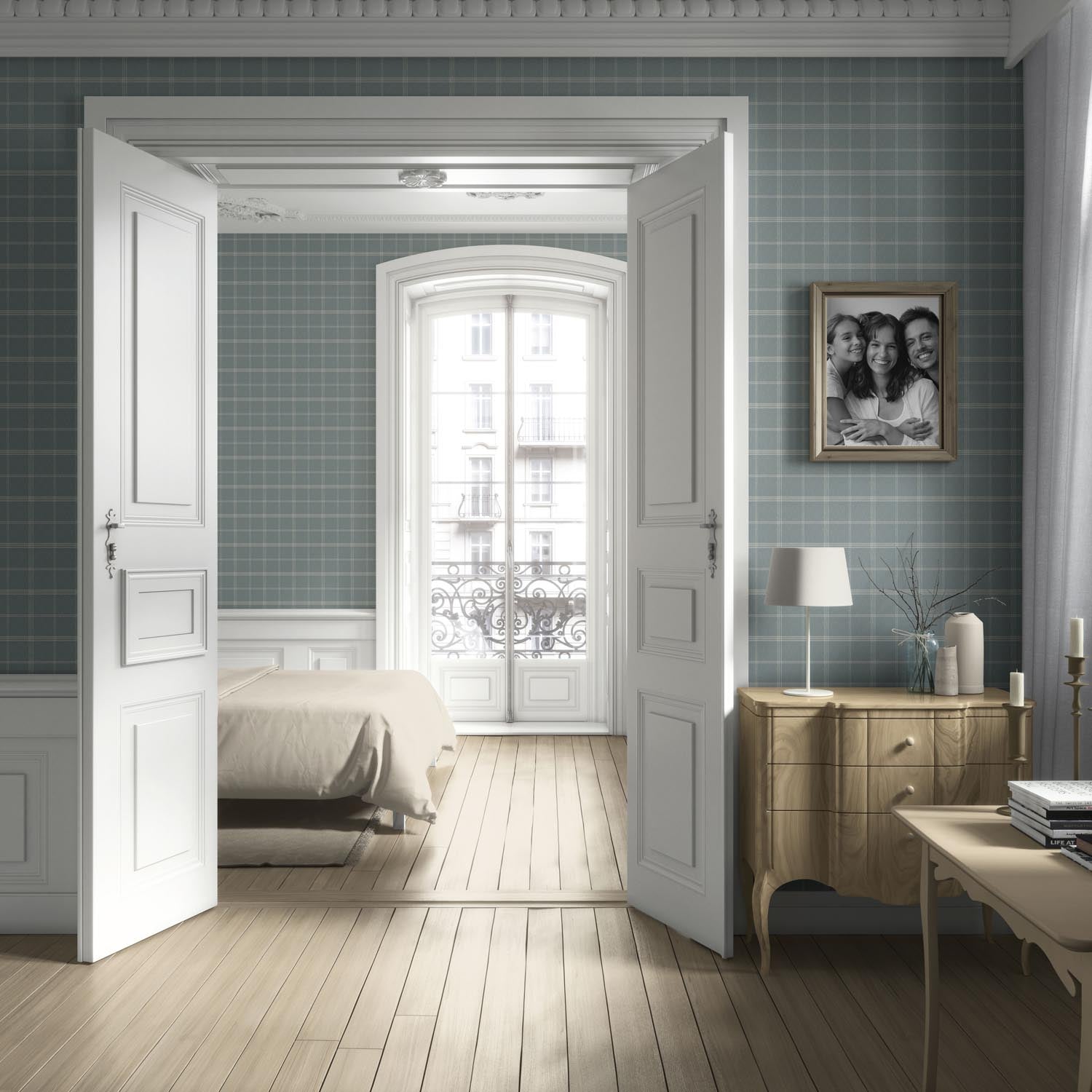 Geometric Plaid Checkered Living Room Wallpaper Sample (Duck Egg Blue)